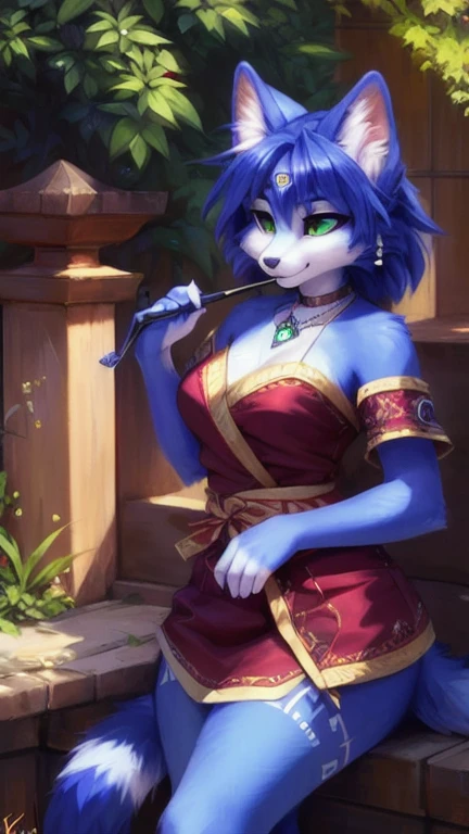 A beautiful and detailed (cute full body portrait) von ((Krystal)), Sternenfuchs Krystal, Schlank, liebenswert, green eyes, medium breasts, (((Lange blaue Haare 1.3))), ((schwarze haarspitzen)), Dekollete, Grinsen, hoch schauen,, anthro, Pelzig, Hochgeladen E621, detailed flauschige fur, (von Fluff-Kevlar, Bayard Wu, personalami, Pino Daeni), detailliertes Gesicht, (flauschige), 1 girl, Allein, wears a kimono, befindet sich in einem japanischen dorf