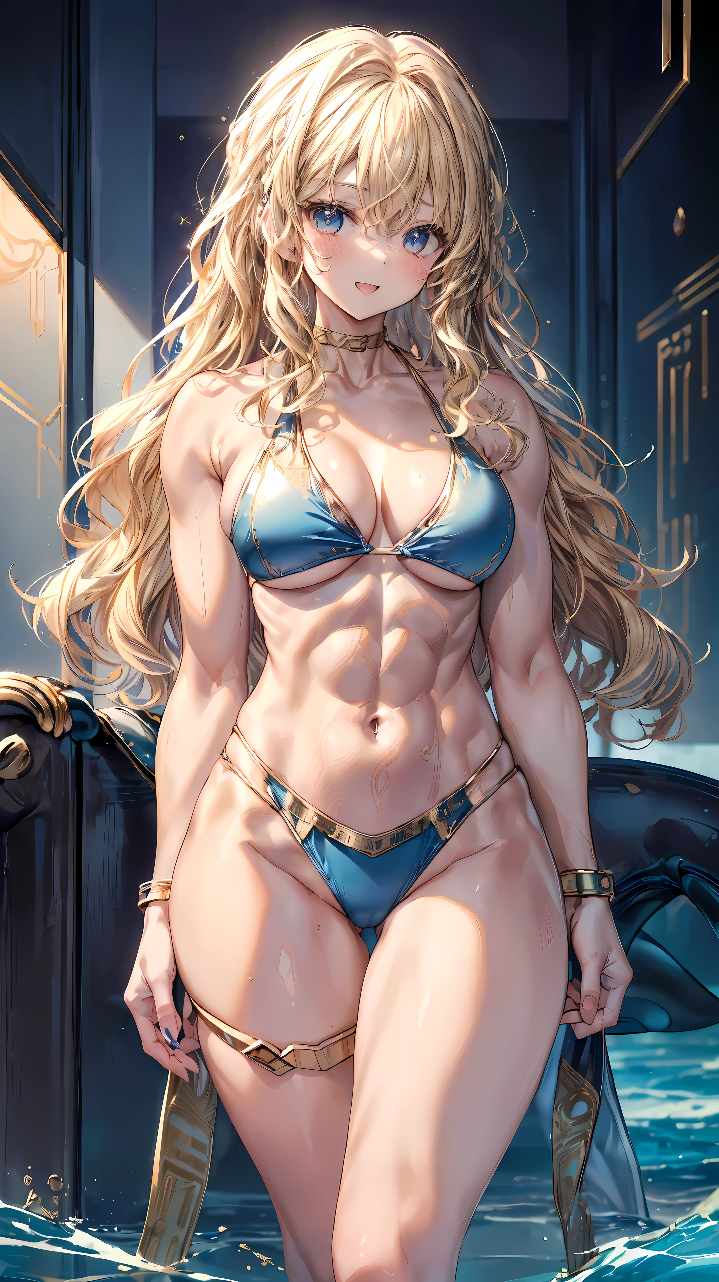 (Adult women:1.5)、Very detailed、highest quality、Best image quality、masterpiece、8k、Anime Face、A kind smile、(Open your mouth:1.3)、Sparkling blue eyes、(Blonde Wavy Hair:1.5)、、Muscles of the whole body、(High leg:1.5)、Thigh belt、(Wearing a gold bikini:1.5)、(Cowboy Shot:1.5)、SFW Giant