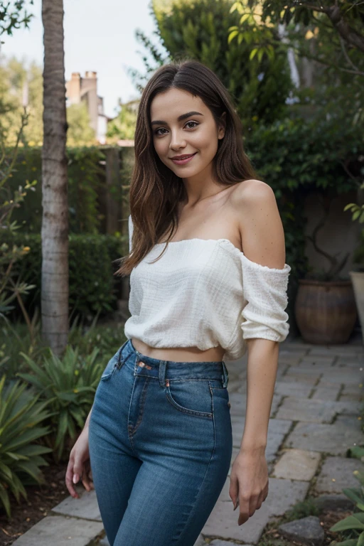 a woman, 25ear old, long brunette hairs, 8K, UHD, flash lighting, professional lighting, textured skin, romantic smile, dans un jardin, pantalon en jean blanc, soutient gorge noir, sexy, transparent way on the shoulders