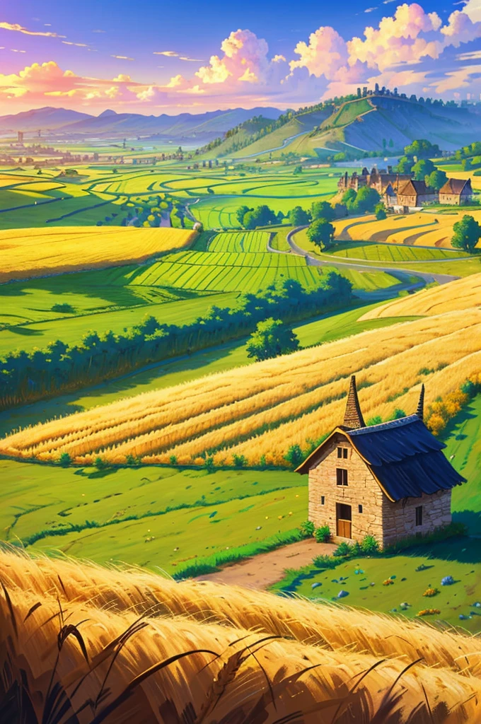 wheat fields, windmill, medieval times, valley, clouds, day, grass, small village, cobblestone road, straw hut, (masterpiece, best quality: 1.2)
