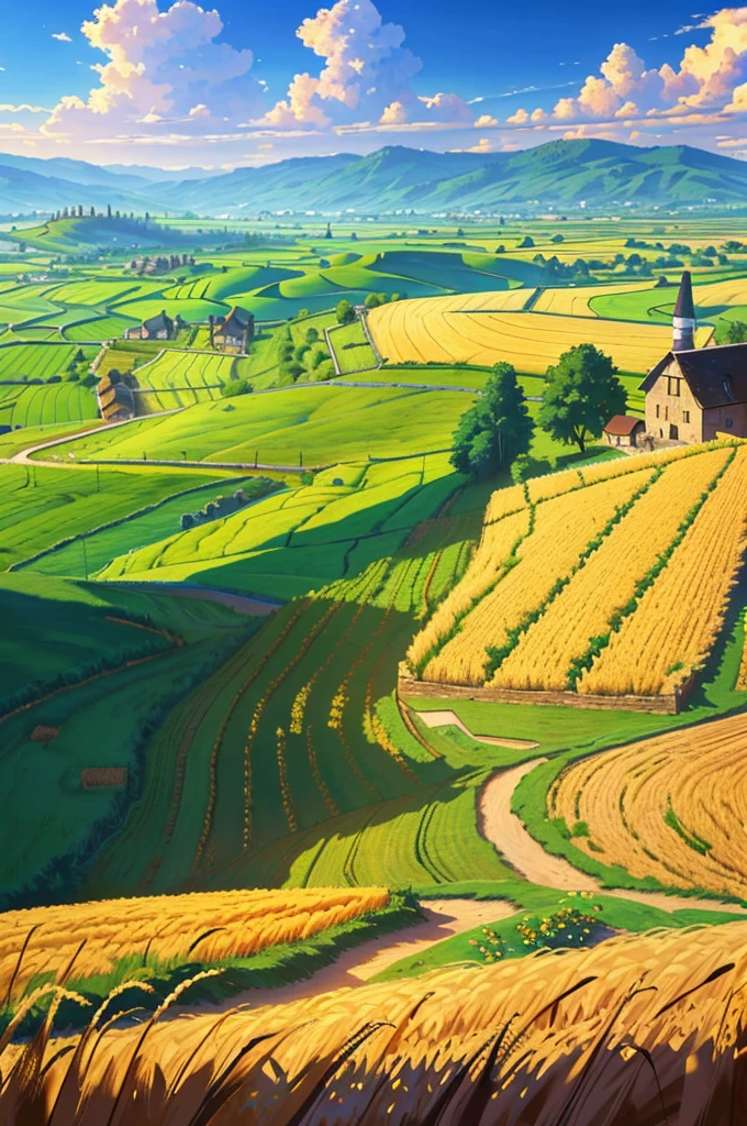 wheat fields, windmill, medieval times, valley, clouds, day, grass, small village, cobblestone road, straw hut, (masterpiece, best quality: 1.2)