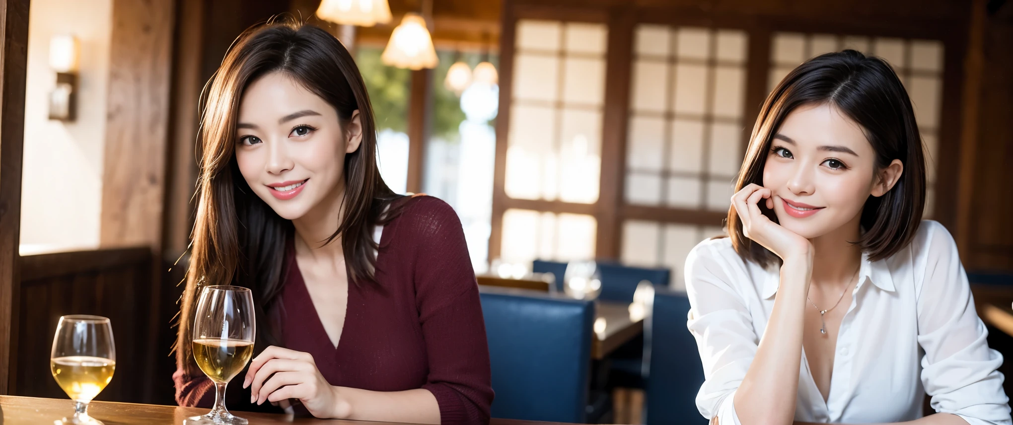 ((highest quality、8k、masterpiece:1.3))、Beautiful woman perfect body:1.4、slimなボディ、((Bob Hale、Straight hair:1.2))、 Ultra-high resolution, Bright image、2. The beauty of wine, Beautiful Face, blue eyes, Beautiful Eyes, The light shines on your face, Blushing your nose, short hair,Amazing view of the sunset sky and clouds、Amazing mountain views、ニコニコ明るいsmile、smileの素敵な女性、Bright Face、Fox face、Lady、Champagne、Wine bottle、wine glass、red wine 、Appetizers、Italian food、Two beauties、Brown Hair、Shortcuts、Long sleeve shirt、Winter Fashion、dress、Wine bottle、sparkling wine、Pretty Woman 1, (slimな顔), (Brown Hair), (Shortcuts), cheeks turn a little red, (42 years old), 39 years old, Attractive beauty、restaurant, Nova Frog Style, actress, model, Upper Body, White wine, slim, wine glass, 真ん中に置かれたwine glass, smile, (smile: 1.15), 綺麗なBeautiful Eyes, Strong light and shadow,Moist Body:1.5、Delicate eyes、Brown Hair、The hair is very shiny、