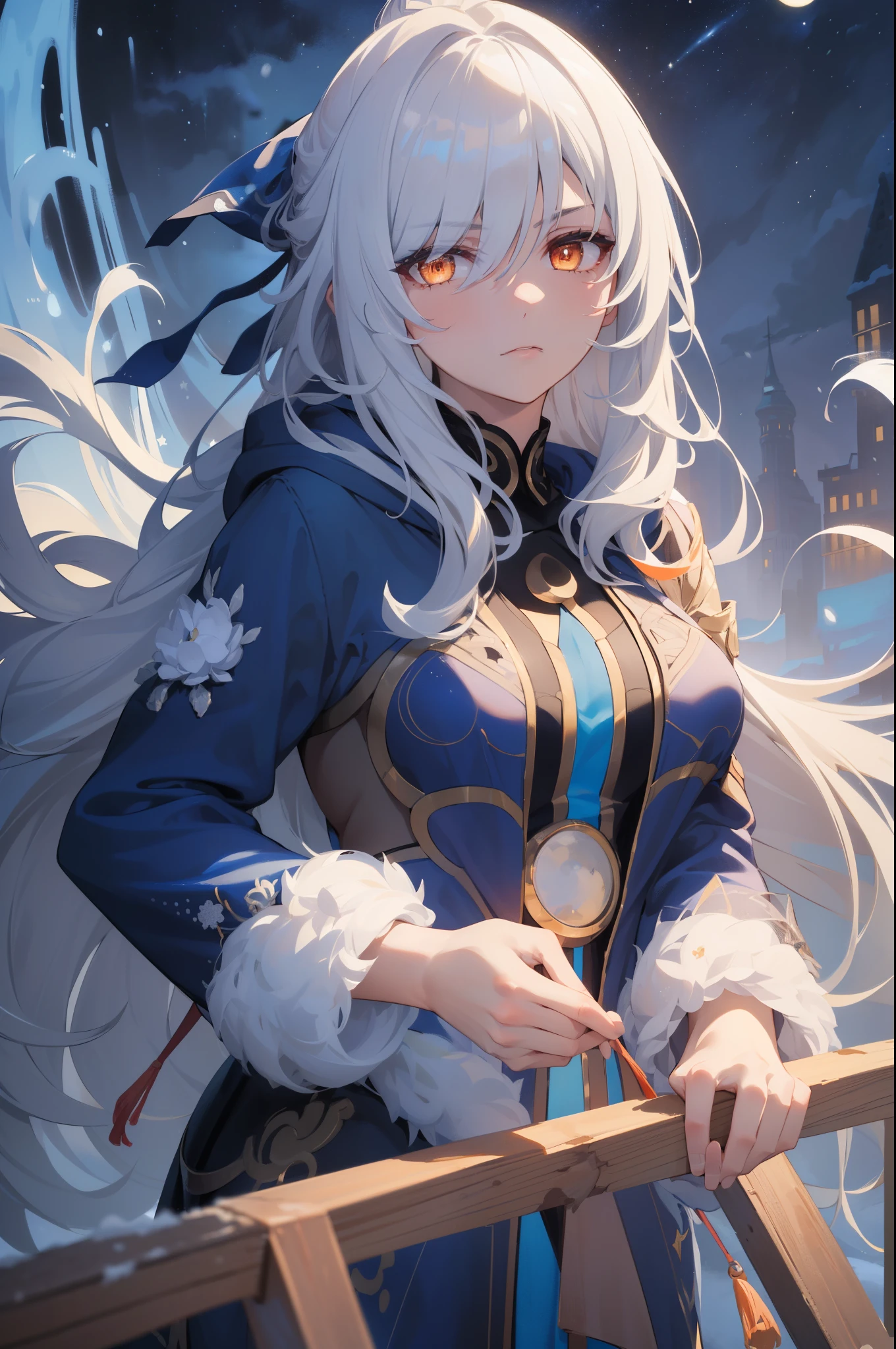 (best quality:1.3), (masterpiece:1.3), (illustration:1.3), (ultra-detailed:1.3), (mid shot:0.9), 1girl, Long hair, white hair, ((blue hoodie)), medium breasts, night sky, stars, dark, JingliuV5, tall, ((mature, serious expression, serious,)) snow, snowy, casual outfit, Chinese, jacket, upper body, orange eyes, looking at viewer,