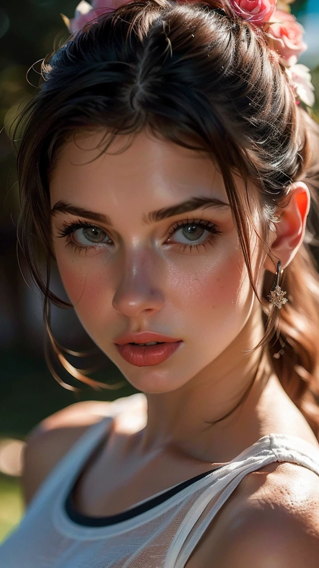 (((ultra realistic))) Photo, masterpiece, top quality, (pale skin), (Ultra detailed face and eyes:1.3), 1 girl, in a bikini ((Eye makeup, mascara)), ((large detailed lips)), ((Dark wavy hair)), ((Stylish hairstyle)) , (Natural breasts). ((Posing)), photoshoot, (Soft) Lighting, (The play of light and shadows), depth of field, bokeh, (special attention to skin detail: 1.2), Detailed leather texture, skin pores. (Warm atmosphere of the frame. color scheme - black, Yellow, White tones), UDR, ((Film grain)), rays, (Glare), ((portrait, close to the camera)) , ultra detialed,