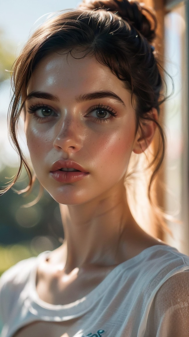 (((ultra realistic))) foto, obra de arte, Maximum quality, (Pale skin), (Rosto e olhos ultra detalhados:1.3), 1 garota, adulto, em uma camiseta, (maquiagem dos olhos, mascara) , ((Detailed big lips)), ((Cabelo ondulado rosa)), ((Chyolka)) , (seios naturais), cintura fina. ((posando)), photoshoot, studio (soft lighting), (O jogo de luz e sombras), profundidade de campo, Bokeh, (special attention to skin details: 1.2), Textura de couro detalhada, poros da pele. (Atmosfera arejada do quadro. Gama de cores - delicada, brilhante, branco, Tons rosa), DR, ((film grain)), ((raios)), ((brilho)), ((retrato da cintura para cima, close to the camera)) , ultra detalhado,