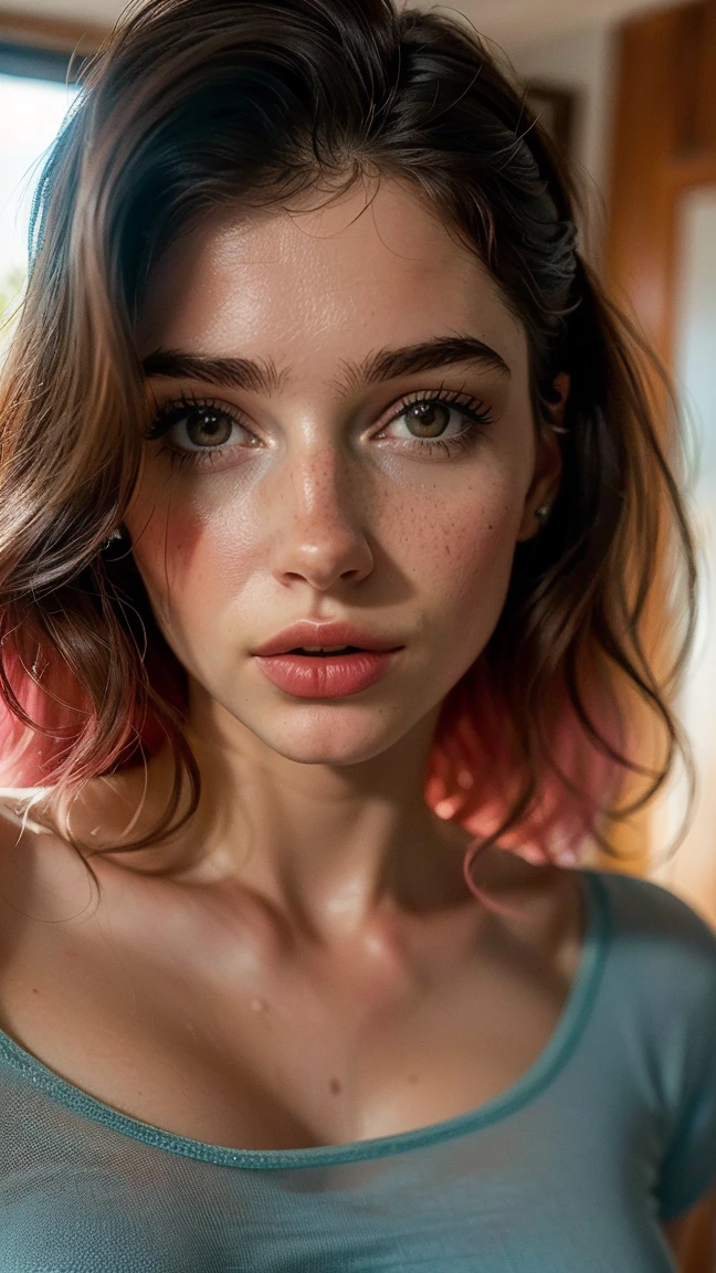 (((ultra realistic))) foto, obra de arte, Maximum quality, (Pale skin), (Rosto e olhos ultra detalhados:1.3), 1 garota, adulto, em uma camiseta, (maquiagem dos olhos, mascara) , ((Detailed big lips)), ((Cabelo ondulado rosa)), ((Chyolka)) , (seios naturais), cintura fina. ((posando)), photoshoot, studio (soft lighting), (O jogo de luz e sombras), profundidade de campo, Bokeh, (special attention to skin details: 1.2), Textura de couro detalhada, poros da pele. (Atmosfera arejada do quadro. Gama de cores - delicada, brilhante, branco, Tons rosa), DR, ((film grain)), ((raios)), ((brilho)), ((retrato da cintura para cima, close to the camera)) , ultra detalhado,