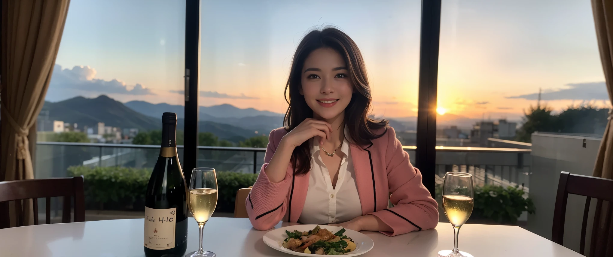 ((highest quality、8k、masterpiece:1.3))、Beautiful woman perfect body:1.4、2 women、slimなボディ、((Bob Hale、Straight hair:1.2))、 Ultra-high resolution, Bright image、2. The beauty of wine, Beautiful Face, blue eyes, Beautiful Eyes, The light shines on your face, Blushing your nose, short hair,Amazing view of the sunset sky and clouds、Amazing mountain views、ニコニコ明るいsmile、smileの素敵な女性、Bright Face、Fox face、Lady、Champagne、Wine bottle、wine glass、red wine 、Appetizers、Italian food、Two beauties、Brown Hair、Shortcuts、Long sleeve shirt、Winter Fashion、dress、Wine bottle、sparkling wine、Pretty Woman 1, (slimな顔), (Brown Hair), (Shortcuts), cheeks turn a little red, (42 years old), 39 years old, Attractive beauty、restaurant, Nova Frog Style, actress, model, Upper Body, White wine, slim, wine glass, 真ん中に置かれたwine glass, smile, (smile: 1.15), 綺麗なBeautiful Eyes, Strong light and shadow,Moist Body:1.5、Delicate eyes、Brown Hair、The hair is very shiny、