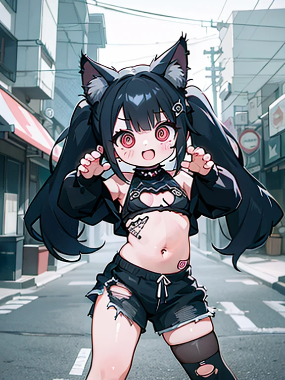 2D,solo,1woman\(cute,kawaii,evil smile,floating hair,messy hair,(black hair:1.2),long hair,twin tails hair,pale skin,skin color blue,red eyes,eyes shining,big eyes,(ripped clothes:1.5),tight tube top,(breast:1.4),tight hot pants,(dynamic pose:1.7),(stomach shown:1.4),(punk fashion:1.4),fluffy black cat-ear,(dynamic pose:1.4),open mouth,better hands,Perfect Hands\), BREAK ,background\(outside,noisy city,backstreet,narrow street,(dark:2.0),neon lights\),[chibi],[nsfw:2.0],quality\(8k,wallpaper of extremely detailed CG unit, ​masterpiece,hight resolution,top-quality,top-quality real texture skin,hyper realisitic,increase the resolution,RAW photos,best qualtiy,highly detailed,the wallpaper/),