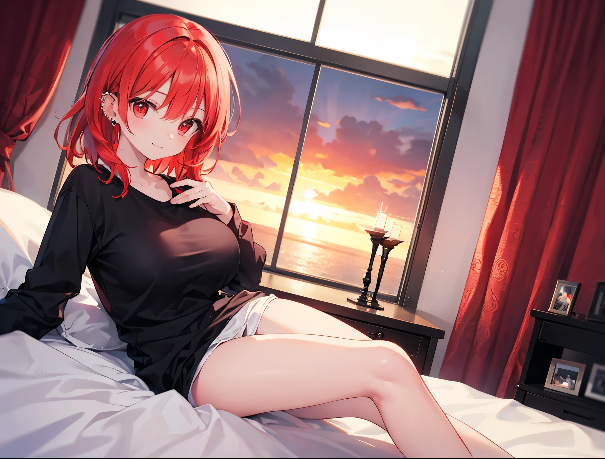 realistic,highest quality, ultra detail, High quality CG drawing, The most delicate and beautiful, Floating gently, High resolution, (1 girl), (Highest image quality,4K,8K,masterpiece:1.2) , (all red hair:1.5),(short bob:1.5),(red eyes:1.5),(Completely naked:1.5),room,Upper body,lying on the bed,defeated,,(slightly bigger breasts:1.5),sleep,Are sleeping,closed my eyes,open your mouth a little,face down,(Turn your back to your audience:1.3),butt,anus