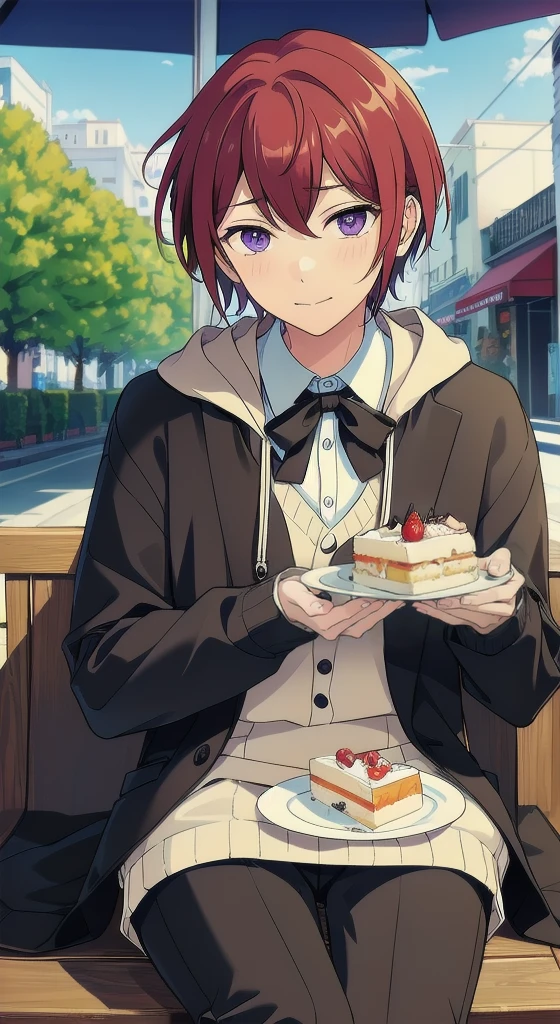 (masterpiece, best quality, absurdres,) 1boy, Sit on cafe, suou tsukasa, ensemble stars, holding plate, eat cake