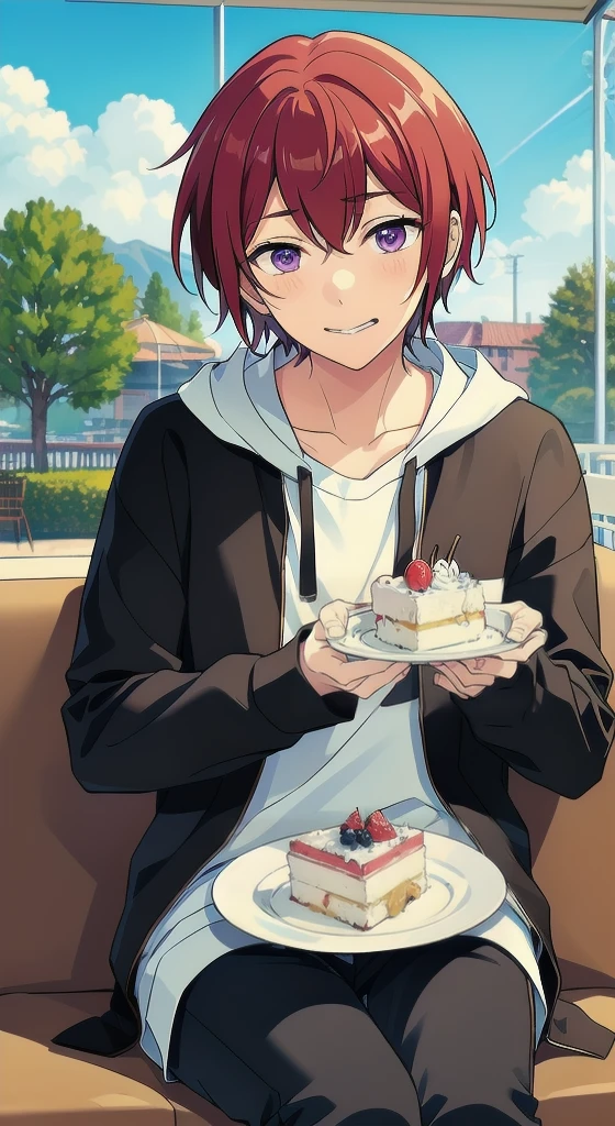 (masterpiece, best quality, absurdres,) 1boy, Sit on cafe, suou tsukasa, ensemble stars, holding plate, eat cake