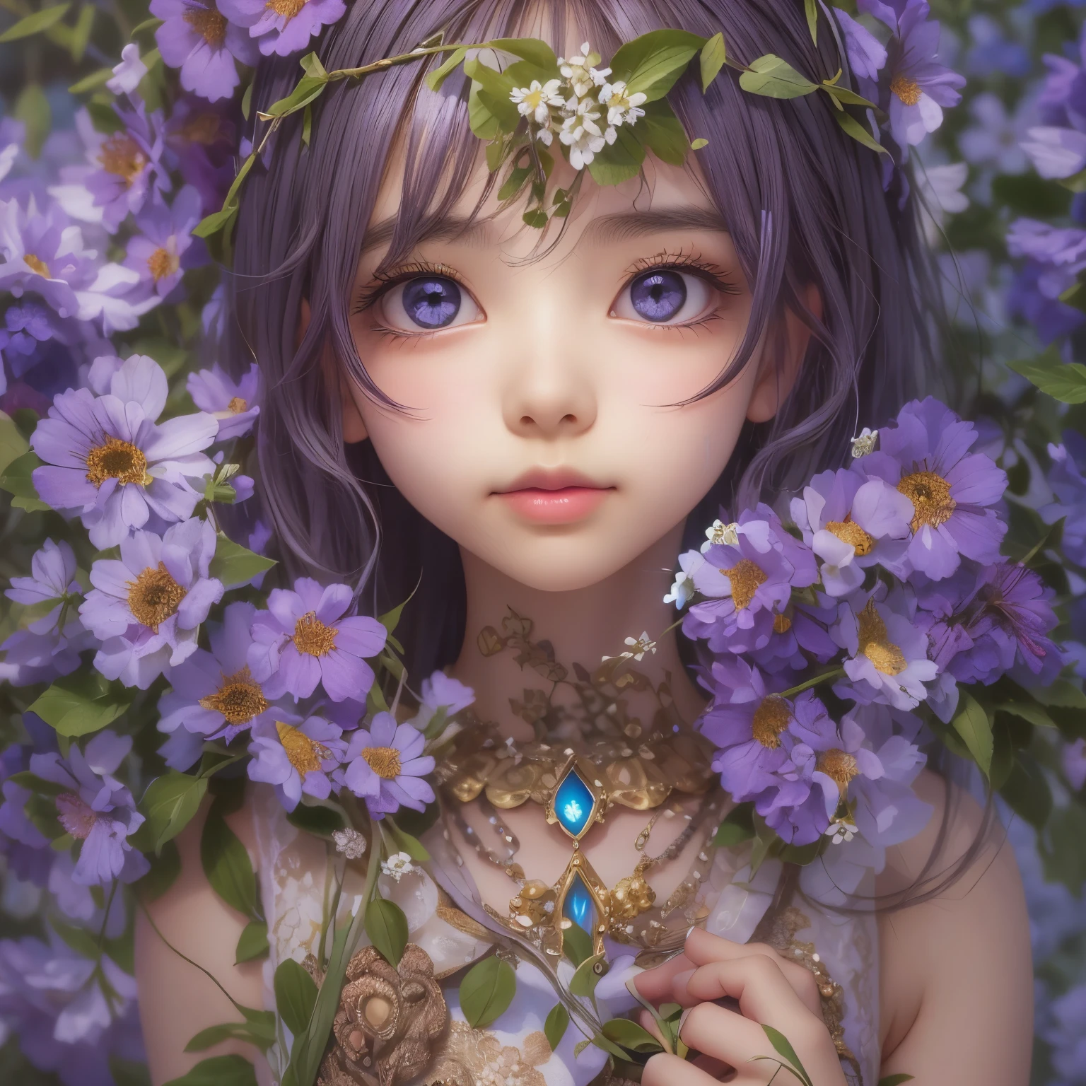 detailed face, cute face,brown eye, masterpiece, highest quality, Super detailed, figure, 1 girl,alone, image body, flower, looking at the viewer, purple eyes, eyes like jewels, very fine eyes, highly detailed face, star (null), purple energy, handrail