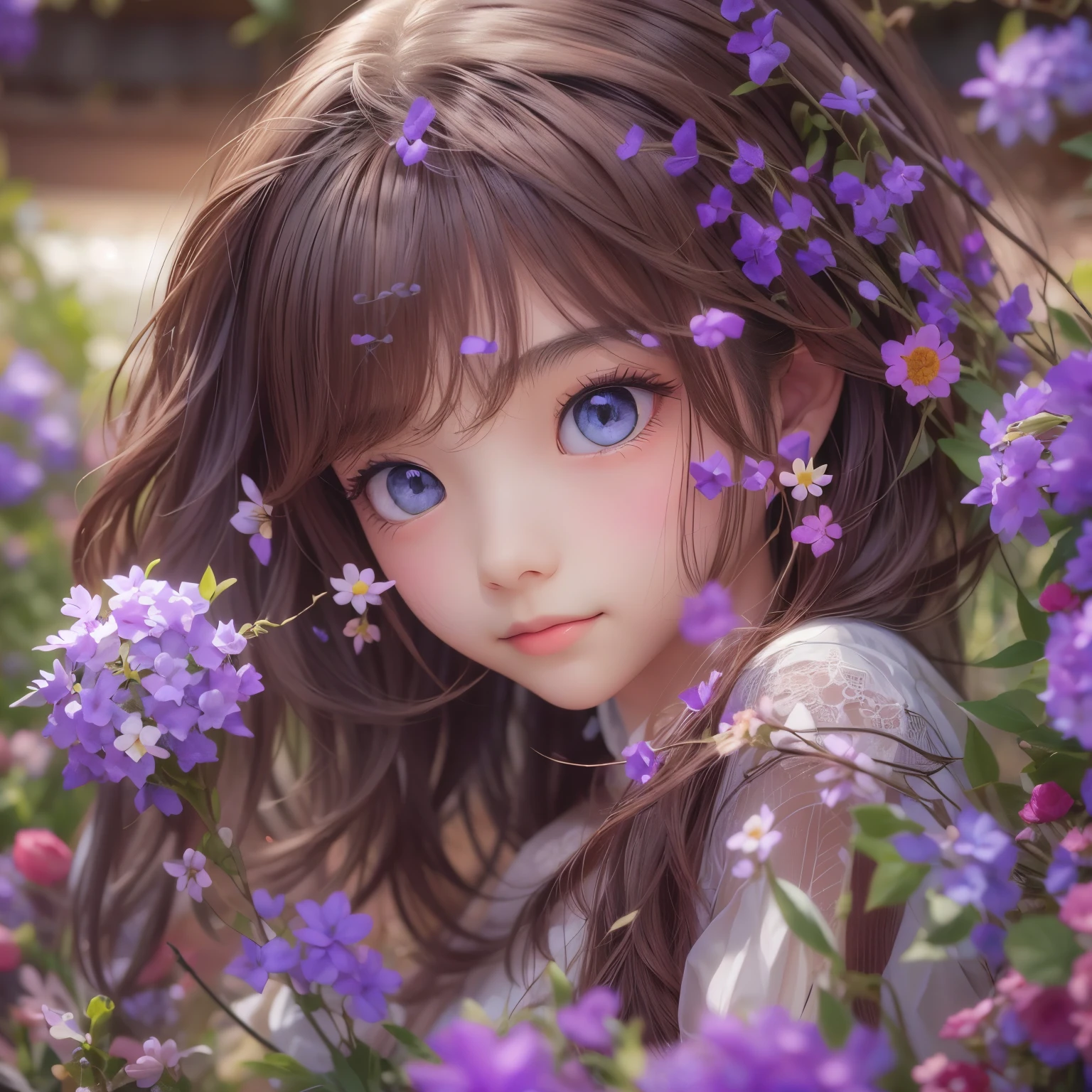 detailed face, cute face,brown eye, masterpiece, highest quality, Super detailed, figure, 1 girl,alone, image body, flower, looking at the viewer, purple eyes, eyes like jewels, very fine eyes, highly detailed face, star (null), purple energy, handrail