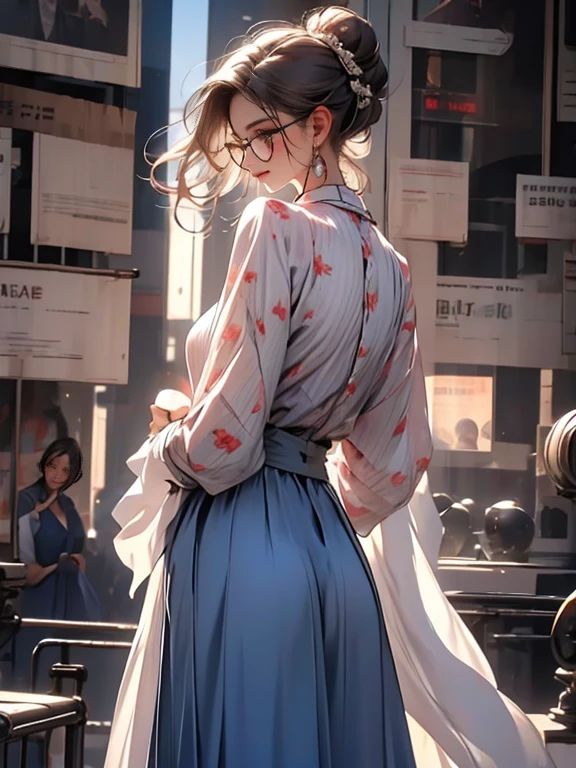 (Realistic、High resolution:1.3),alone, One Girl, masterpiece, highest quality, Very detailed, Cinema Lighting, Intricate details, High resolution, Official Art, Beautifully detailed face and eyes, High resolutionのイラスト, 8k, (Short bun hairstyle), Ash Brown Hair:1.3, Very thin body, ((Monogram lace)),((Chiffon long skirt、Chiffon blouse:1.3)) 、Single Blade, blue eyes, Glasses, patterned high heels, Big Breasts, Book_stack, library, ((vine)), Looking at the audience,whole body,Elegant high heels,