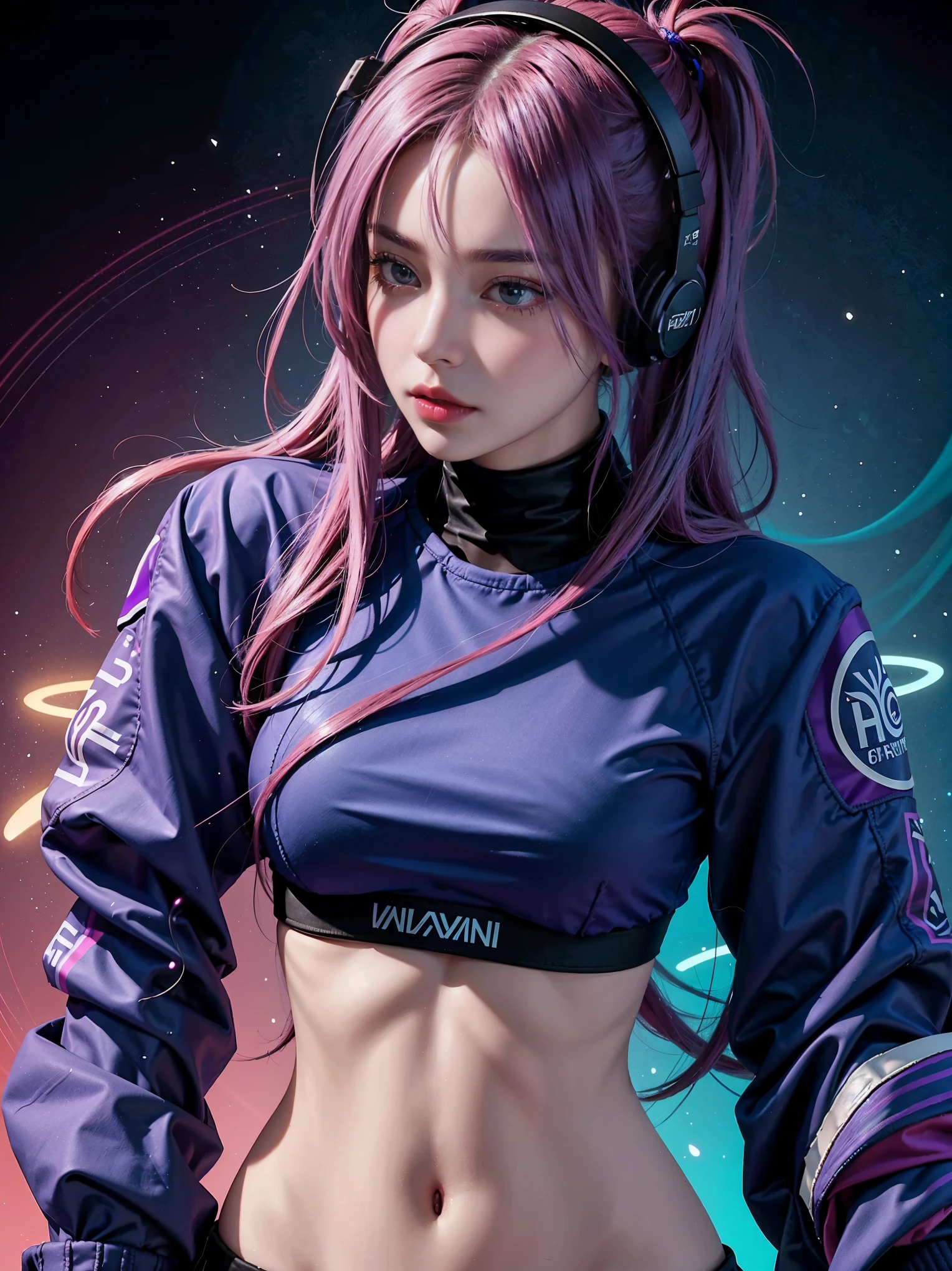 A striking and captivating digital artwork featuring a female character with vivid neon-colored hair, predominantly in shades of blue, magenta, and purple. The character is immersed in her music, wearing sleek headphones and sporting an intense, focused expression. The dark background accentuates her vibrant hair and highlights her captivating features. 