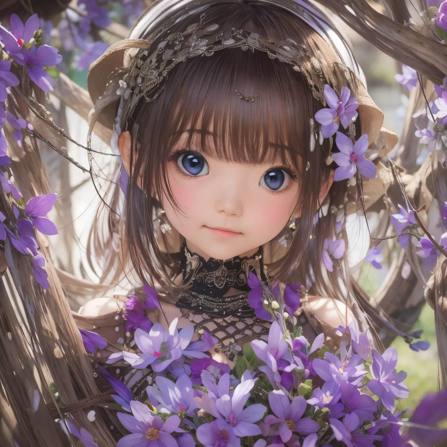 detailed face, cute face,brown eye, masterpiece, highest quality, Super detailed, figure, 1 girl,alone, image body, flower, looking at the viewer, purple eyes, eyes like jewels, very fine eyes, highly detailed face, star (null), purple energy, handrail
