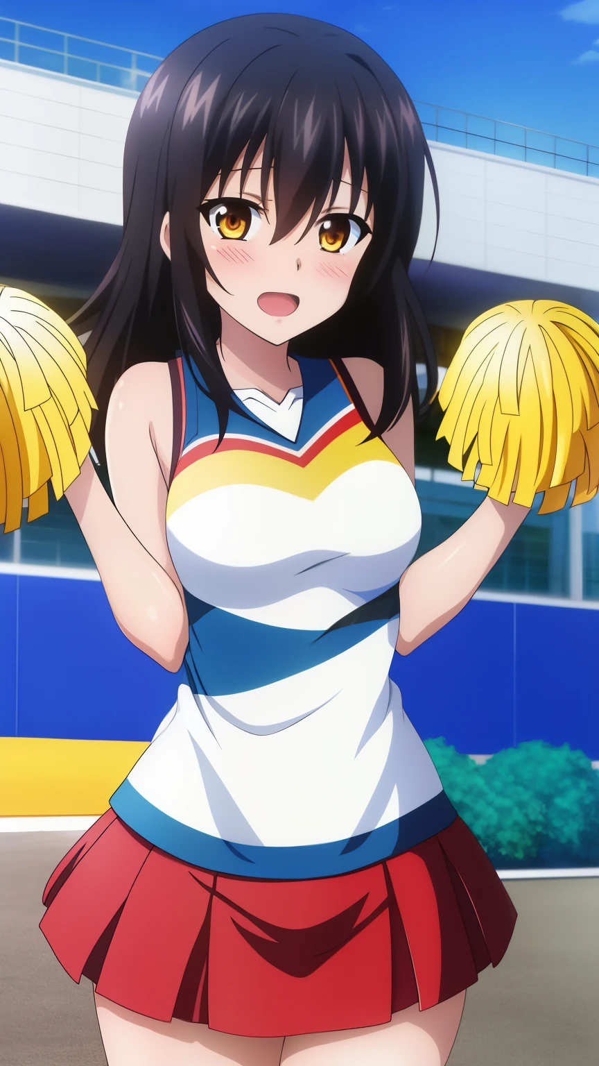 (highest quality, 8k, masterpiece: 1.2), animeアートスタイル, Very detailed, anime_Coloring, Hyper Detail, Yukina, One Girl, alone, Teen Style,length_hair, 前hair, black_hair, hair_between_eye, Moderate_chest, yellow_eye, Shiny, (Cheerleader,Cheerleader,Blushing Open Mouth),Dynamic Angle, Center the image, Cowboy Shot