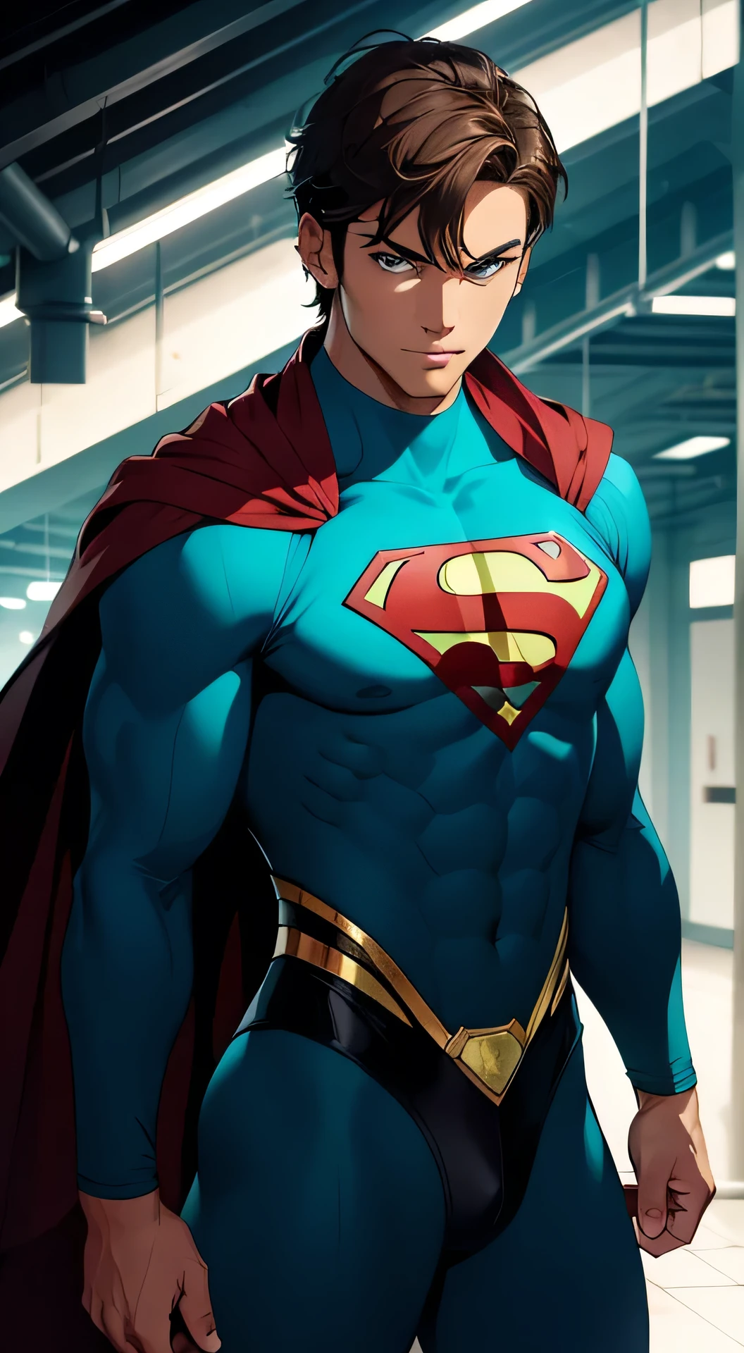 Young guy, short brown hair, Cyan eyes, brawn, Black Superman Costume, ssmile, Masterpiece, hiquality