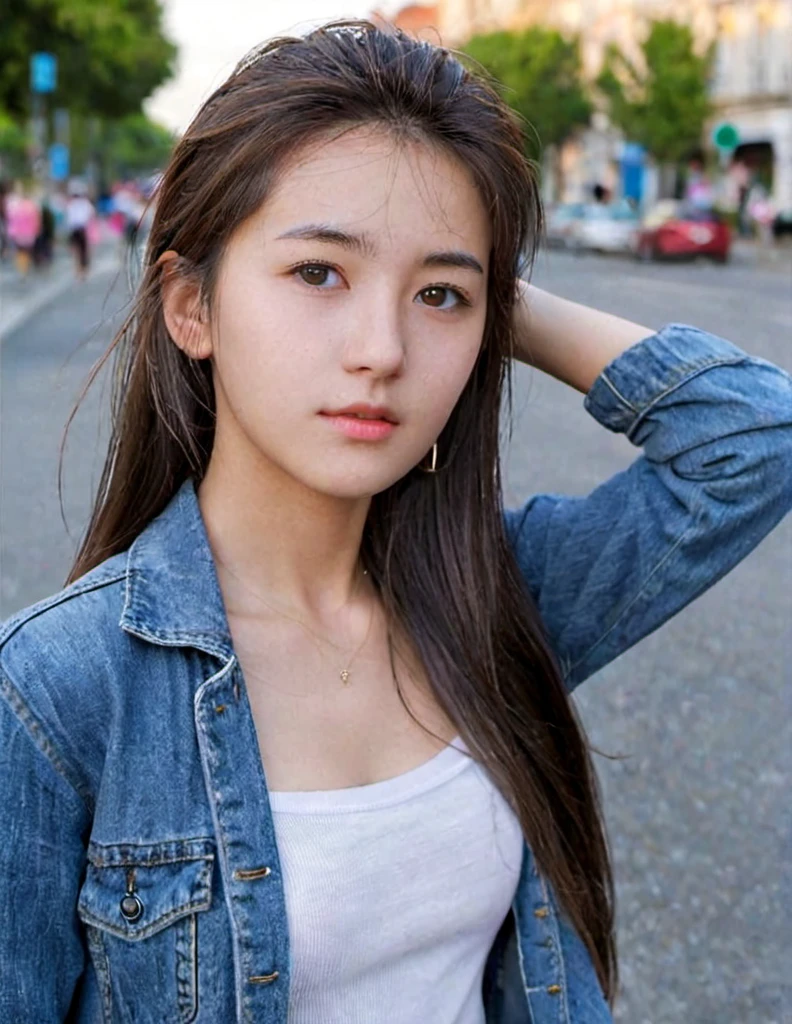 18 years old girl, (extreme detailed face, detailed skin), upper body, jeans, street, outdoor,