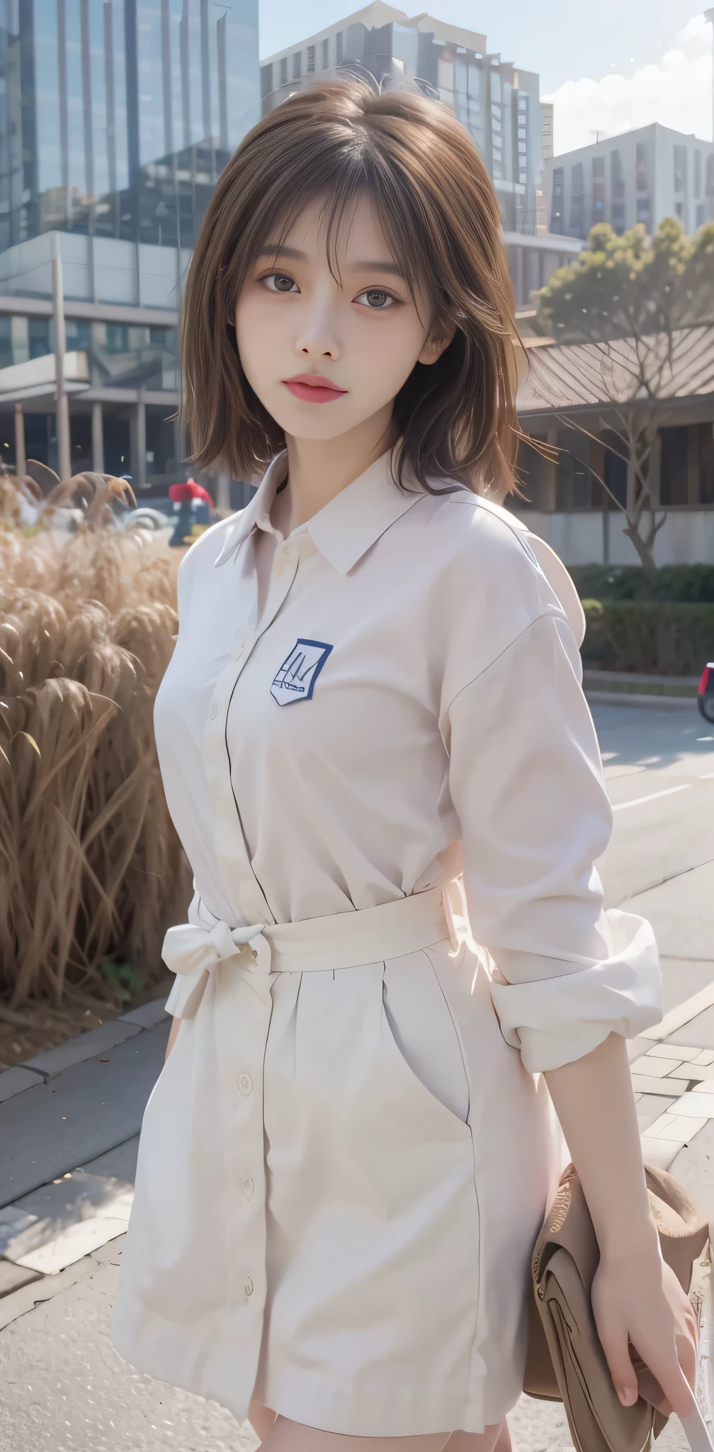 light brown hair、brown hair、hair between eyes、hair behind the ear、short hair、white shirt、uniform、front、negative space、Lens flare、Bokeh、 wide angle、超wide angle、f/1.8、75mm、realism、Depth of the bounds written、futuristic、UHD、retina、masterpiece、correct、anatomically correct、textured skin、super detail、high detail、high quality、 最high quality、High resolution、8K、cyber punk、Ultra-futuristic、Digital、on top of the building、Blowing in the wind、fluttering skirt、POV、at hand