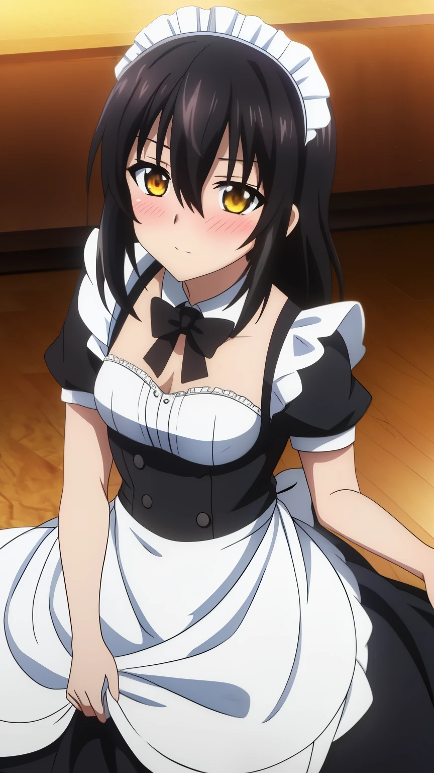 (highest quality, 8k, masterpiece: 1.2), animeアートスタイル, Very detailed, anime_Coloring, Hyper Detail, Yukina, One Girl, alone, Teen Style,length_hair, 前hair, black_hair, hair_between_eye, Moderate_chest, yellow_eye, Shiny, (Maid clothes,Maid Dress,mini skirt ,blush,maid cafe),Dynamic Angle, Center the image, Cowboy Shot