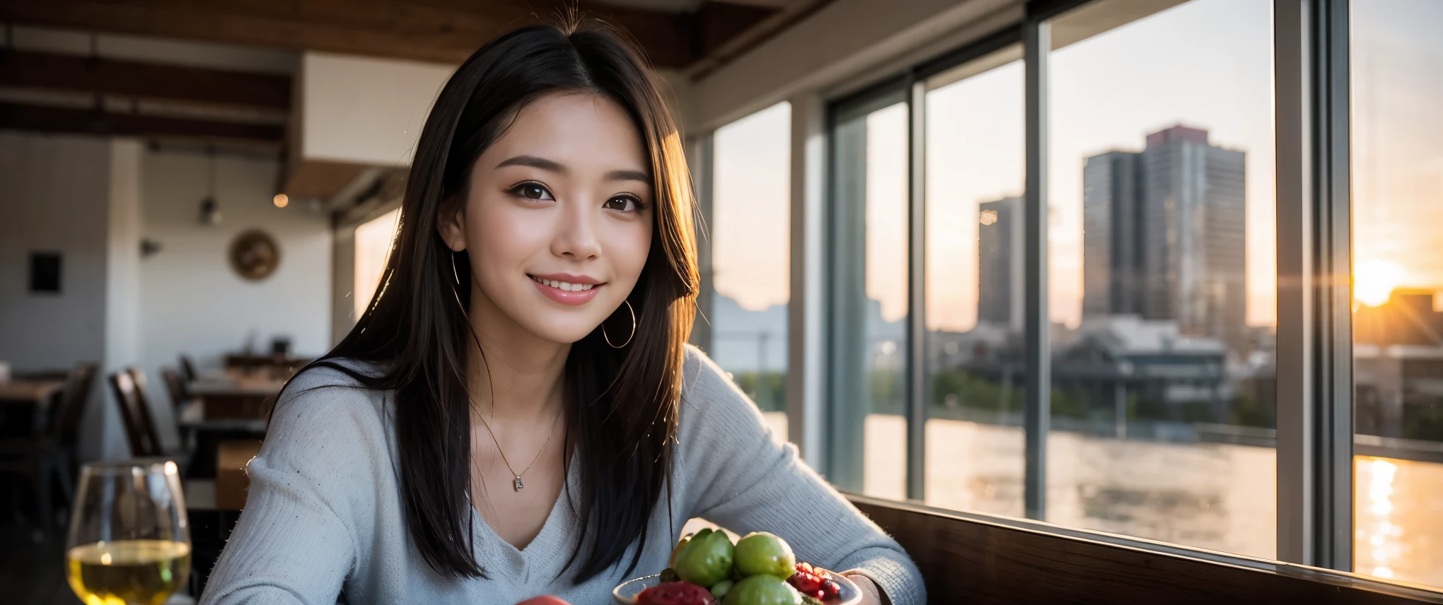 ((highest quality、8k、masterpiece:1.3))、Sharp focus:1.2、Beautiful woman perfect body:1.4、slimなボディ、((Bob Hale、Straight hair:1.2))、(to be born, highest quality, masterpiece:1.5), (Realistic, Intricate details:1.2), Ultra-high resolution, Amazing view of the sunset sky and clouds、Amazing mountain views、ニコニコ明るいsmile、smileの素敵な女性、Bright image、2. The beauty of wine, Beautiful Face, blue eyes, The light shines on your face, Blushing, short hair,Bright Face、Fox face、 (36 years old), 39 years old, Lady、red wine 、Appetizers、Italian food、Wine bottle、Champagne、sparkling wine、Two beauties、Brown Hair、Shortcuts、Long sleeve shirt、dress、Pretty Woman 1, (slimな顔), (The body is slim), (Brown Hair), (Shortcuts), cheeks turn a little red,Attractive beauty、, Out of the window, A beautiful and detailed night view unfolds.........., restaurant, In a prominent place (From the waist up) Nova Frog Style, actress, model, Upper Body, White wine, slim, wine glass, 真ん中に置かれたwine glass, smile, (smile: 1.15), Beautiful fine grain, Depth f/2,saturation, High Contrast, Strong light and shadow,Moist Body:1.5、3D texture、Delicate eyes、Brown Hair、The hair is very shiny、