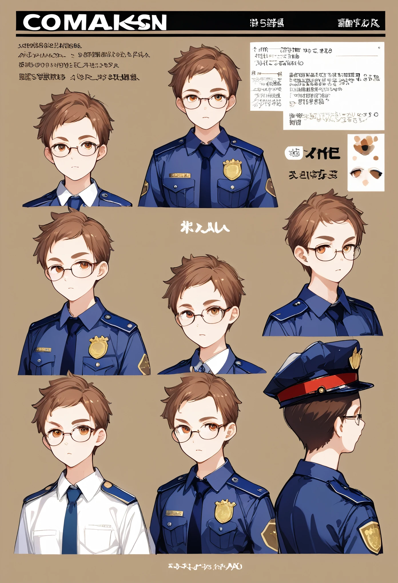 highres, top quality, best quality, paid reward available, High-quality illustrations, unparalleled masterpiece, perfect artwork, absurdres, perfect anatomy, standing kemono boy, three view drawing, front and side and back, character sheet, character design police man!!, anime character, glasses, facial expressions, Detailed description of character, text, Transform wolf, Collection of setting materials,
