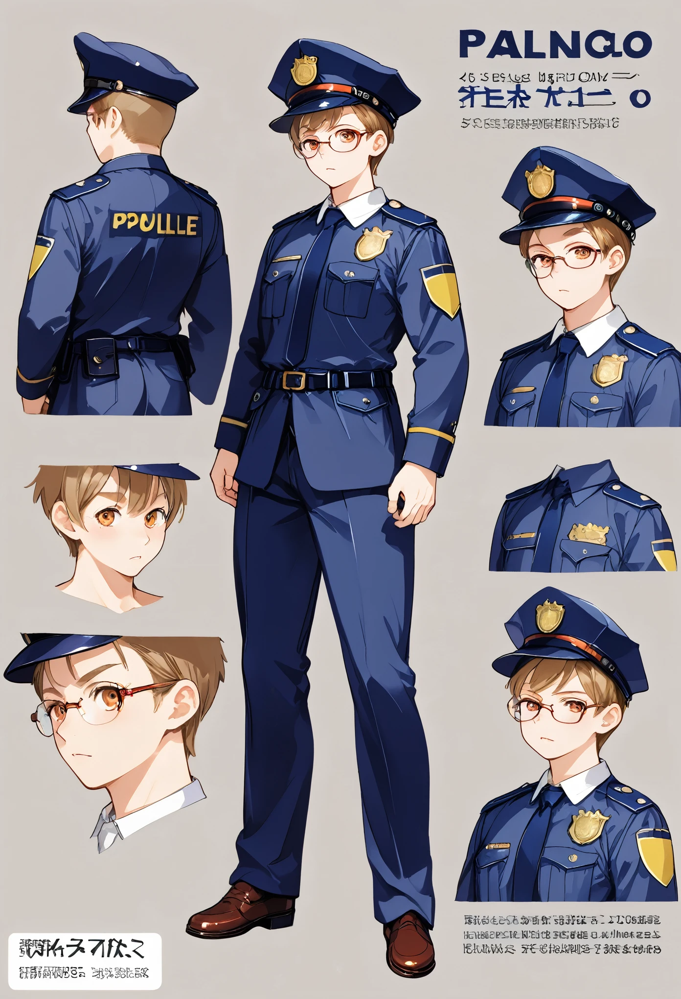 highres, top quality, best quality, paid reward available, High-quality illustrations, unparalleled masterpiece, perfect artwork, absurdres, perfect anatomy, standing kemono boy, three view drawing, front and side and back, character sheet, character design police man!!, anime character, glasses, facial expressions, Detailed description of character, text, Transform wolf, Collection of setting materials,