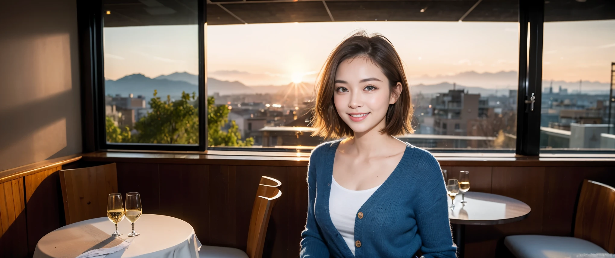 ((highest quality、8k、masterpiece:1.3))、Sharp focus:1.2、Beautiful woman perfect body:1.4、slimなボディ、((Bob Hale、Straight hair:1.2))、(to be born, highest quality, masterpiece:1.5), (Realistic, Intricate details:1.2), Ultra-high resolution, Amazing view of the sunset sky and clouds、Amazing mountain views、ニコニコ明るいsmile、smileの素敵な女性、Bright image、2. The beauty of wine, Beautiful Face, blue eyes, The light shines on your face, Blushing, short hair,Bright Face、Fox face、 (36 years old), 39 years old, Lady、red wine 、Appetizers、Italian food、Wine bottle、Champagne、sparkling wine、Two beauties、Brown Hair、Shortcuts、Long sleeve shirt、dress、Pretty Woman 1, (slimな顔), (The body is slim), (Brown Hair), (Shortcuts), cheeks turn a little red,Attractive beauty、, Out of the window, A beautiful and detailed night view unfolds.........., restaurant, In a prominent place (From the waist up) Nova Frog Style, actress, model, Upper Body, White wine, slim, wine glass, 真ん中に置かれたwine glass, smile, (smile: 1.15), Beautiful fine grain, Depth f/2,saturation, High Contrast, Strong light and shadow,Moist Body:1.5、3D texture、Delicate eyes、Brown Hair、The hair is very shiny、