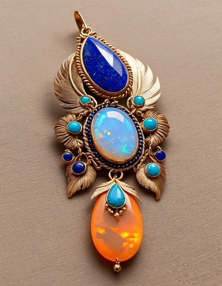 （Feather ball ring design），Blue orange opal，Minimalism，abstract，Indian elements，The matching stones are small amounts of lapis lazuli and turquoise，Clams，feather，gem，Old，Soft Light，