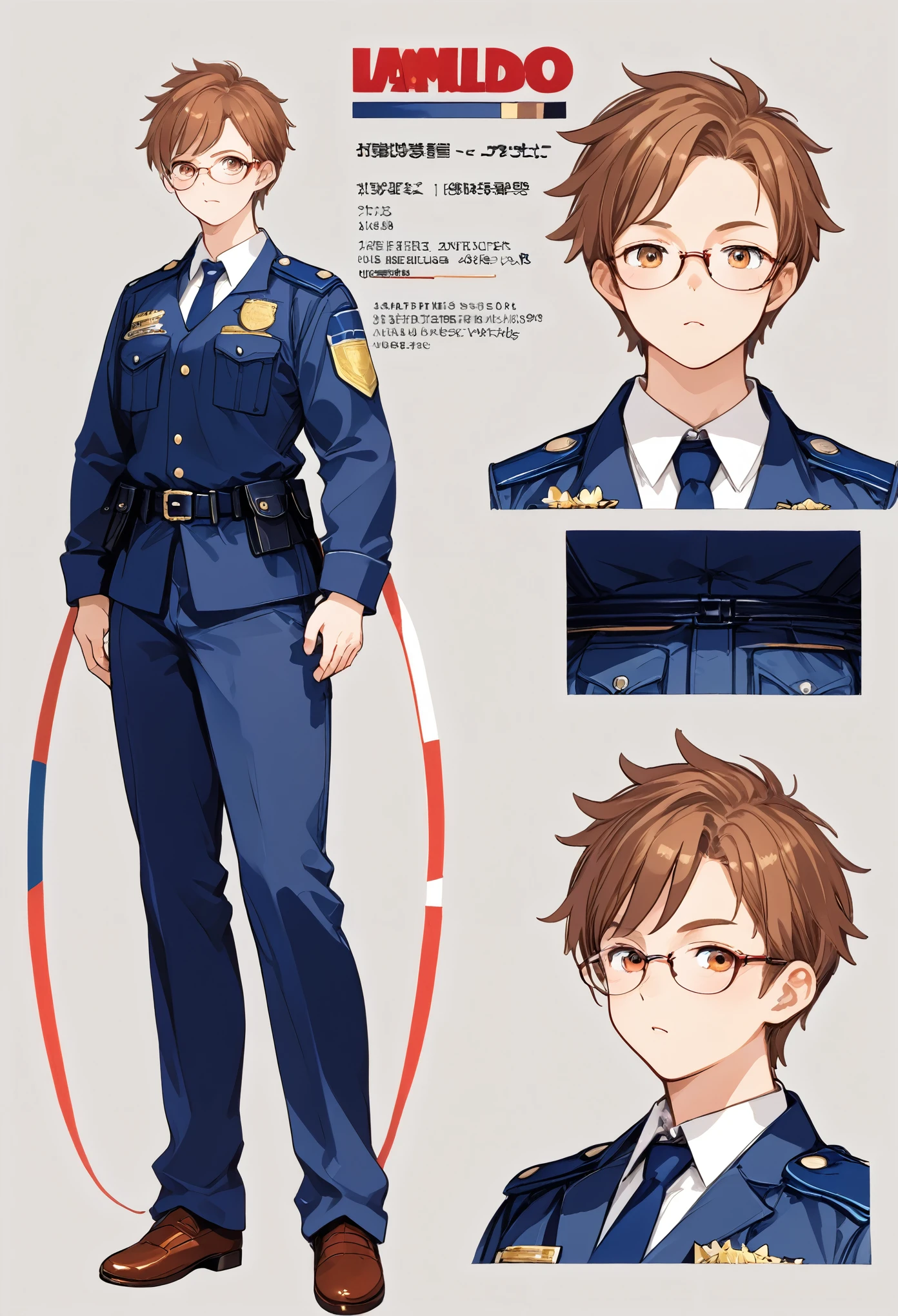 highres, top quality, best quality, paid reward available, High-quality illustrations, unparalleled masterpiece, perfect artwork, absurdres, perfect , standing kemono boy, three view drawing, front and side and back, character sheet, character design police man!!, anime character, glasses, facial expressions, Detailed description of character, text, Transform wolf, Collection of setting materials,