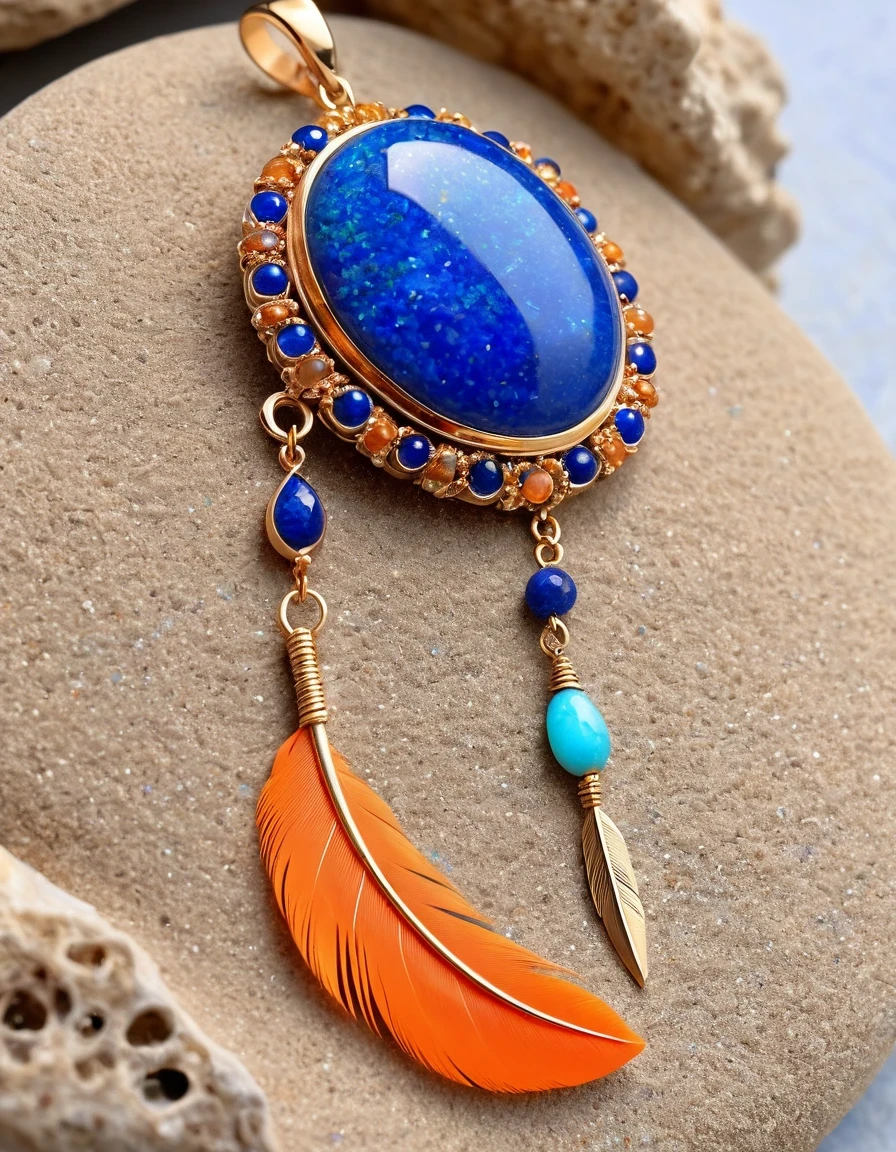 （Feather ball ring design），Blue orange opal，Minimalism，abstract，Indian elements，The matching stones are small amounts of lapis lazuli and turquoise，Clams，feather，gem，Old，Soft Light，