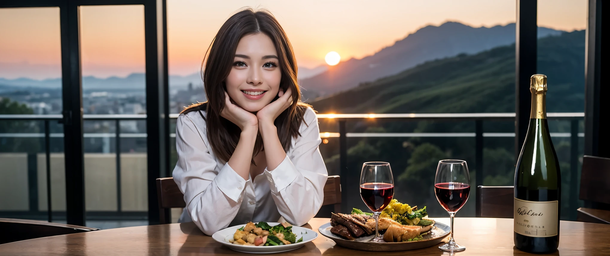 ((highest quality、8k、masterpiece:1.3))、Beautiful woman perfect body:1.4、Beautiful mature woman、Two women who love wine、One Man、slimなボディ、((Bob Hale、Straight hair:1.2))、 Ultra-high resolution, Bright image、Beautiful Face, blue eyes, Beautiful Eyes, The light shines on your face, Blushing your nose, short hair,Amazing view of the sunset sky and clouds、Amazing mountain views、ニコニコ明るいsmile、smileの素敵な女性、Bright Face、Fox face、Lady、Champagne、Wine bottle、wine glass、red wine 、Appetizers、Italian food、Two beauties、Brown Hair、Shortcuts、Long sleeve shirt、Winter Fashion、dress、Wine bottle、sparkling wine、Pretty Woman 1, (slimな顔), (Brown Hair), (Shortcuts), cheeks turn a little red, (36 years old), 39 years old, Attractive beauty、restaurant, Nova Frog Style, actress, model, Upper Body, White wine, slim, wine glass, 真ん中に置かれたwine glass, smile, (smile: 1.15), 綺麗なBeautiful Eyes, Strong light and shadow,Moist Body:1.5、Delicate eyes、Brown Hair、The hair is very shiny、