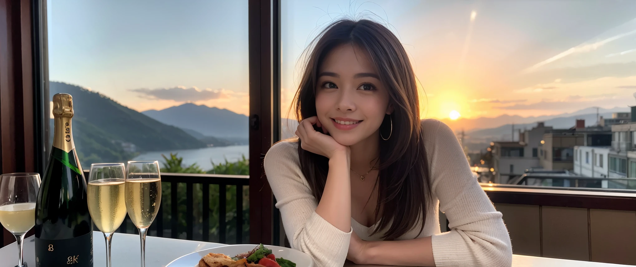 ((highest quality、8k、masterpiece:1.3))、Beautiful woman perfect body:1.4、Beautiful mature woman、Two women who love wine、One Man、slimなボディ、((Bob Hale、Straight hair:1.2))、 Ultra-high resolution, Bright image、Beautiful Face, blue eyes, Beautiful Eyes, The light shines on your face, Blushing your nose, short hair,Amazing view of the sunset sky and clouds、Amazing mountain views、ニコニコ明るいsmile、smileの素敵な女性、Bright Face、Fox face、Lady、Champagne、Wine bottle、wine glass、red wine 、Appetizers、Italian food、Two beauties、Brown Hair、Shortcuts、Long sleeve shirt、Winter Fashion、dress、Wine bottle、sparkling wine、Pretty Woman 1, (slimな顔), (Brown Hair), (Shortcuts), cheeks turn a little red, (36 years old), 39 years old, Attractive beauty、restaurant, Nova Frog Style, actress, model, Upper Body, White wine, slim, wine glass, 真ん中に置かれたwine glass, smile, (smile: 1.15), 綺麗なBeautiful Eyes, Strong light and shadow,Moist Body:1.5、Delicate eyes、Brown Hair、The hair is very shiny、