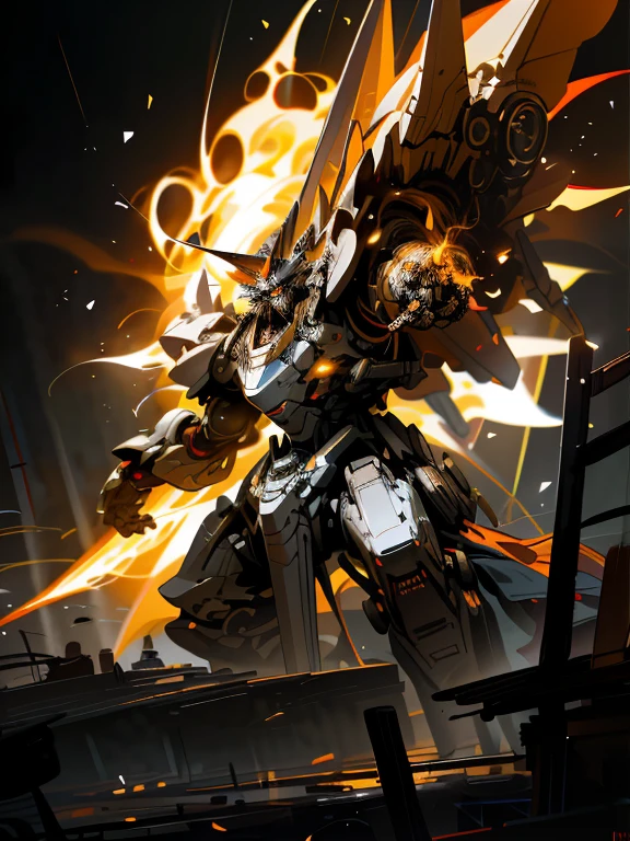 (FRONTAL), "MECHA,(magical,magic,magic fields,magical fire),orange color,violent,terror,large size,sharp details,hyper-realistic,high-quality art,digital painting,dark lighting"