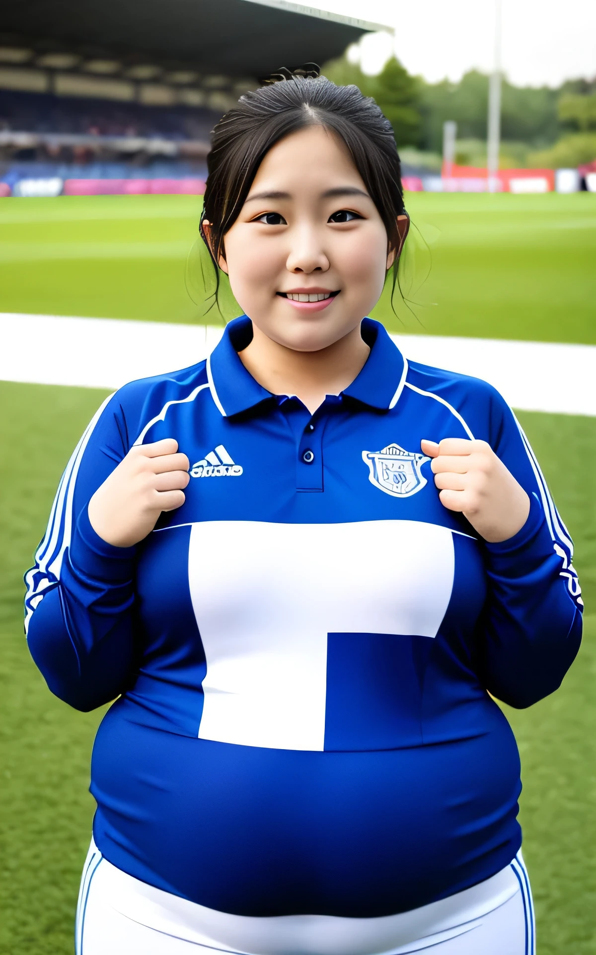 1 female, Overweight, Extremely fat, ((Chubby)),soccer uniform, soccer stadium, Japanese, 4k, High resolution, masterpiece, highest quality
