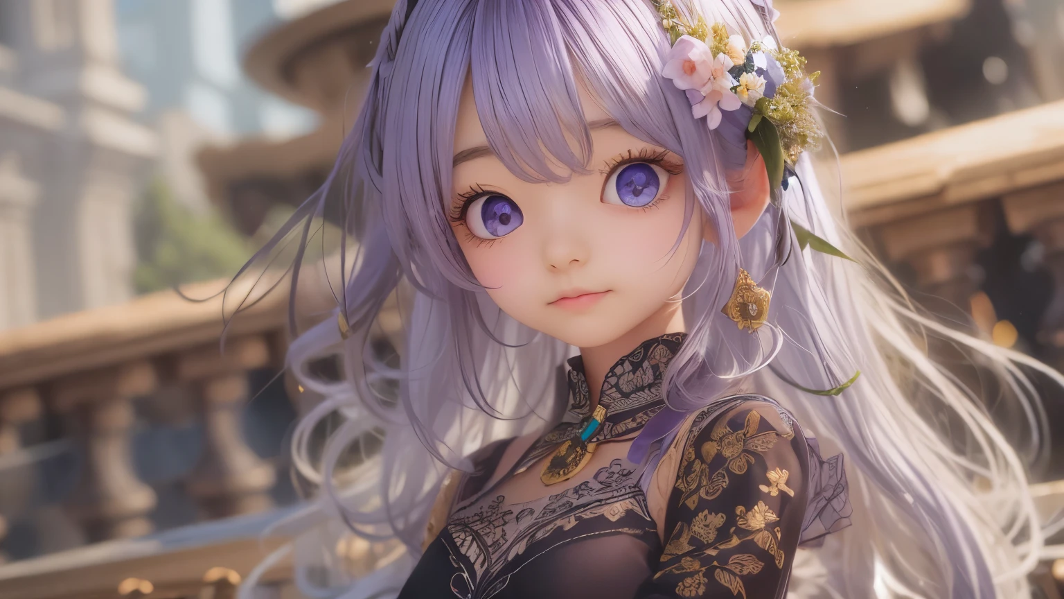 detailed face, cute face,brown eye, masterpiece, highest quality, Super detailed, figure, 1 girl,alone, image body, flower, looking at the viewer, purple eyes, eyes like jewels, very fine eyes, highly detailed face, star (null), purple energy, handrail