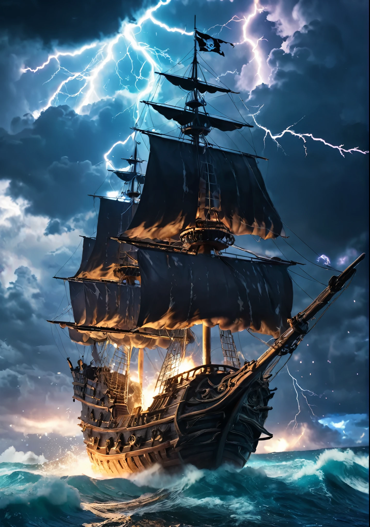 Swirling Crystal Cloud, Lightning strikes、Ruined pirate ship, Atmospheric perspective, 8k, Super Detail, Accurate, highest quality, lightning、Sharp images、High color reproducibility、Attention to detail、live-action、Alluring、