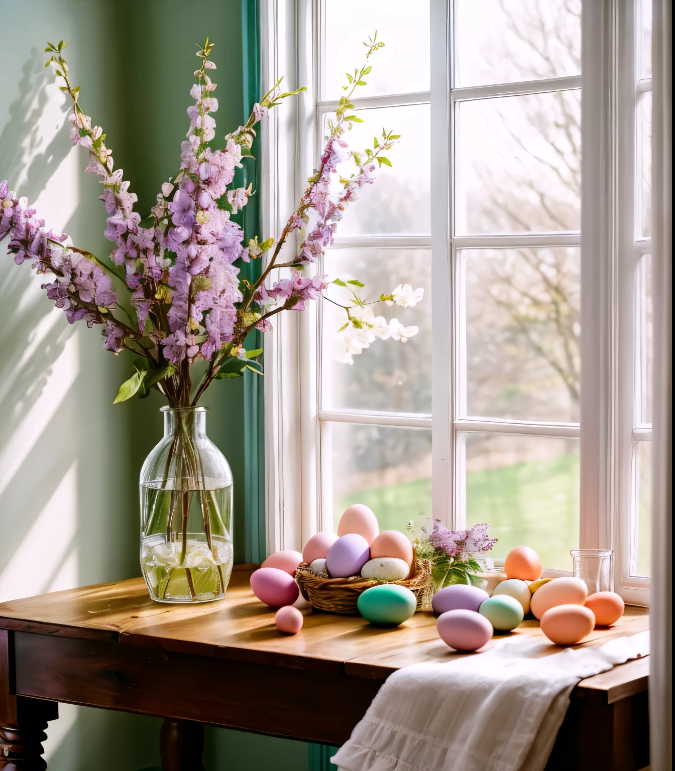 Orthodox Easter, country house, wooden table, colorful eggs, Easter cake, lilac branches in a glass vase, window, spring, garden, sunlight, film photography, fujii 400