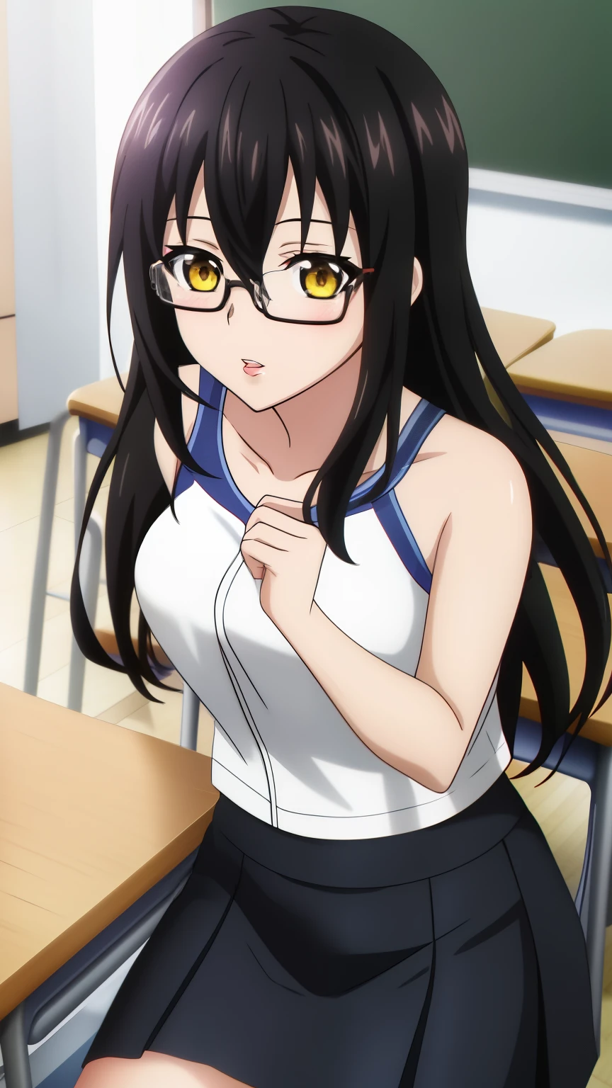 (highest quality, 8k, masterpiece: 1.2), animeアートスタイル, Very detailed, anime_Coloring, Hyper Detail, Yukina, One Girl, alone, Teen Style,length_hair, 前hair, black_hair, hair_between_eye, Moderate_chest, yellow_eye, Shiny, (White shirt, Exposed shoulders, Tight Skirt, Glasses, Natural lips, classroom),Dynamic Angle, Center the image, Cowboy Shot