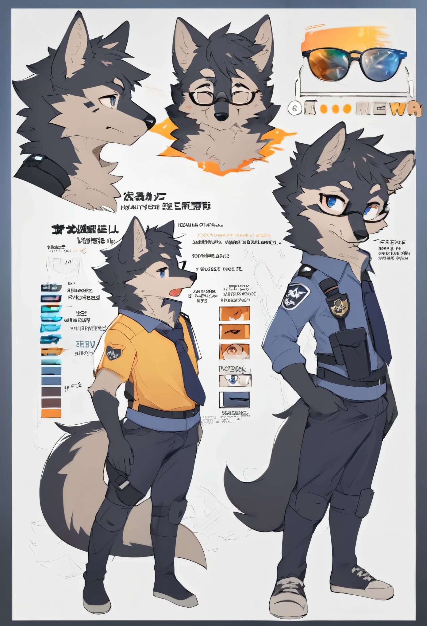 highres, top quality, best quality, paid reward available, High-quality illustrations, unparalleled masterpiece, perfect artwork, absurdres, perfect anatomy, standing kemono boy, three view drawing, front and side and back, character sheet, character design police man!!, anime character, glasses, facial expressions, Detailed description of character, text, Transform wolf, Collection of setting materials,
