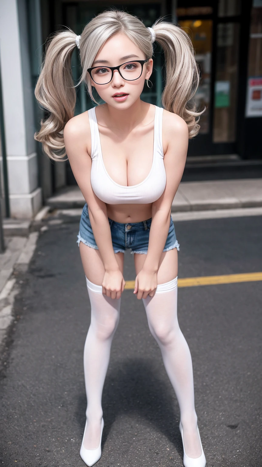 Top image quality、Raw photography、超A high resolution、18-year-old Korean、Glasses beauty、Colossal tits:1.5、cleavage of the breast:1.6、Healthy complexion、shiny white skin、((Hold twin tails))、((Light brown silver hair))、Beautiful eyes with random colors、very thin lips、beautiful eyes finely detailed、elongated eyes、pale pink blush、long eyeslashes、Beautiful double eyelids、eyeshadows、earrings、(Fashionable glasses、White tight tank top、denim short pants、Beautiful legs、Attractive thighs)、street snap、moderate leg thickness、Shot with emphasis on the legs、is standing、Photograph the whole body、Emphasize cleavage、Wearing fishnet stockings