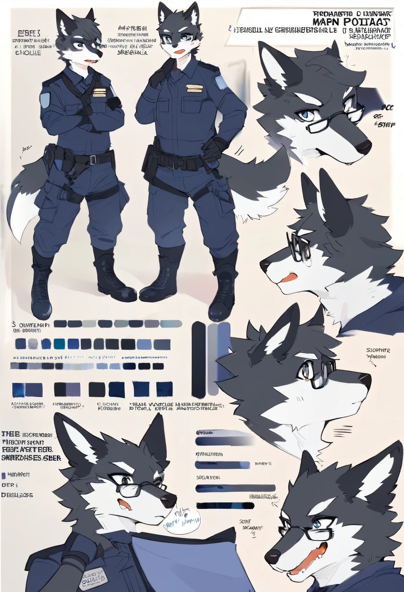 highres, top quality, best quality, paid reward available, High-quality illustrations, unparalleled masterpiece, perfect artwork, absurdres, perfect anatomy, standing kemono boy, three view drawing, front and side and back, character sheet, character design police man!!, anime character, glasses, facial expressions, Detailed description of character, text, Transform wolf, Collection of setting materials,