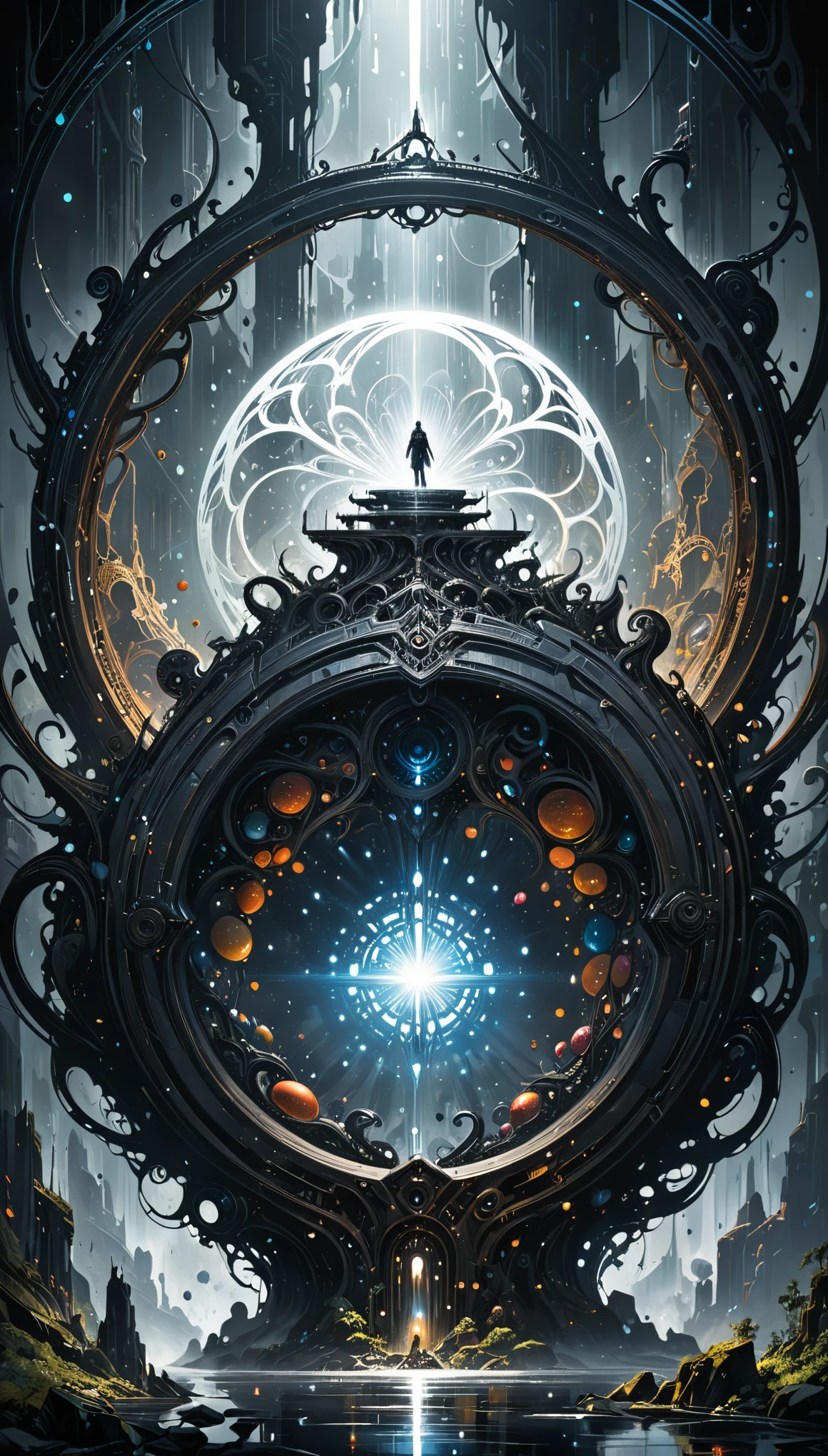 (artist by Mark Schultz:1.1),(artist by A. R. Penck:0.8),(artist by Abstract D'Oyley:1.1),Masterpiece,Best Quality,Hyper Detailed,Cinematic Light,Intricate Detail,Highres,Official Art,Finely Detailed,High Resolution Illustration,8k,Lens Flare,Light Particles,Dark Intense Shadows,Particles,Detailed Background,Detailed Glow,Detailed Reflection,Detailed,Mysterious Landscape Photography, Incredible futuristic images appear on the Miracle Stone, shadowy, atmospheric, dark colors,Aaron Horkey's painting depicting,powerful portal to another world,