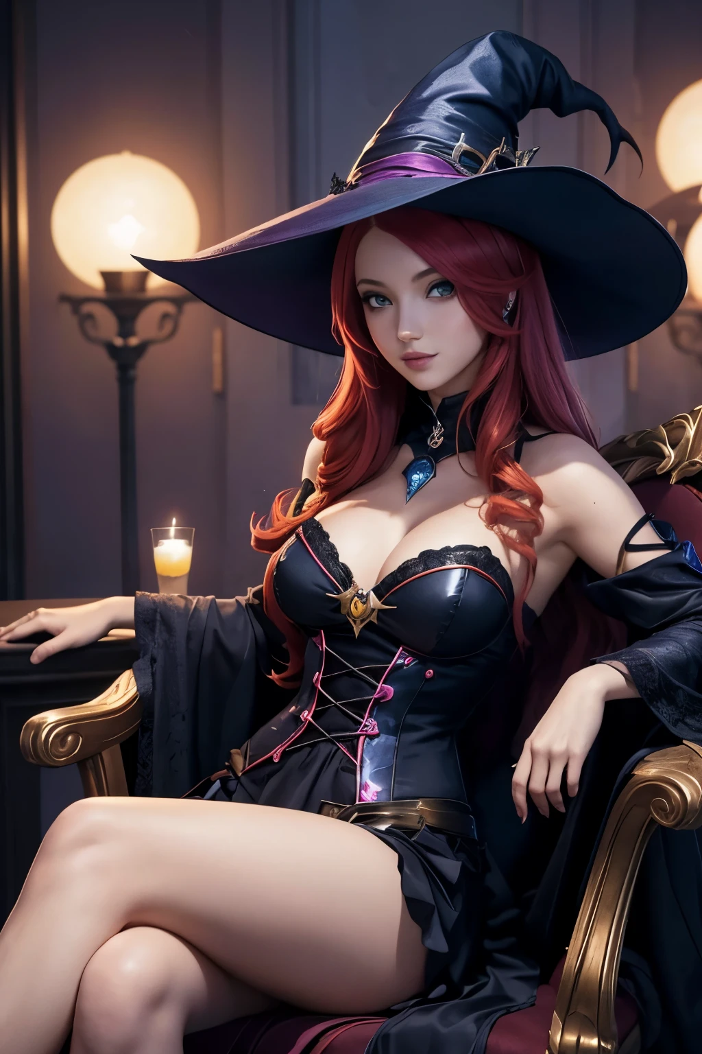 Il y a une femme assise sur une chaise avec un chapeau, flirty anime sorcière casting magie, Miss Fortune, beautiful sorceress, Miss Fortune league of legends, Pretty witch, Classic witch, a beautiful sorceress, Nami d'une seule pièce, nami une pièce, portrait d'a witch, beautiful sorceress cowboy, beau portrait de nami