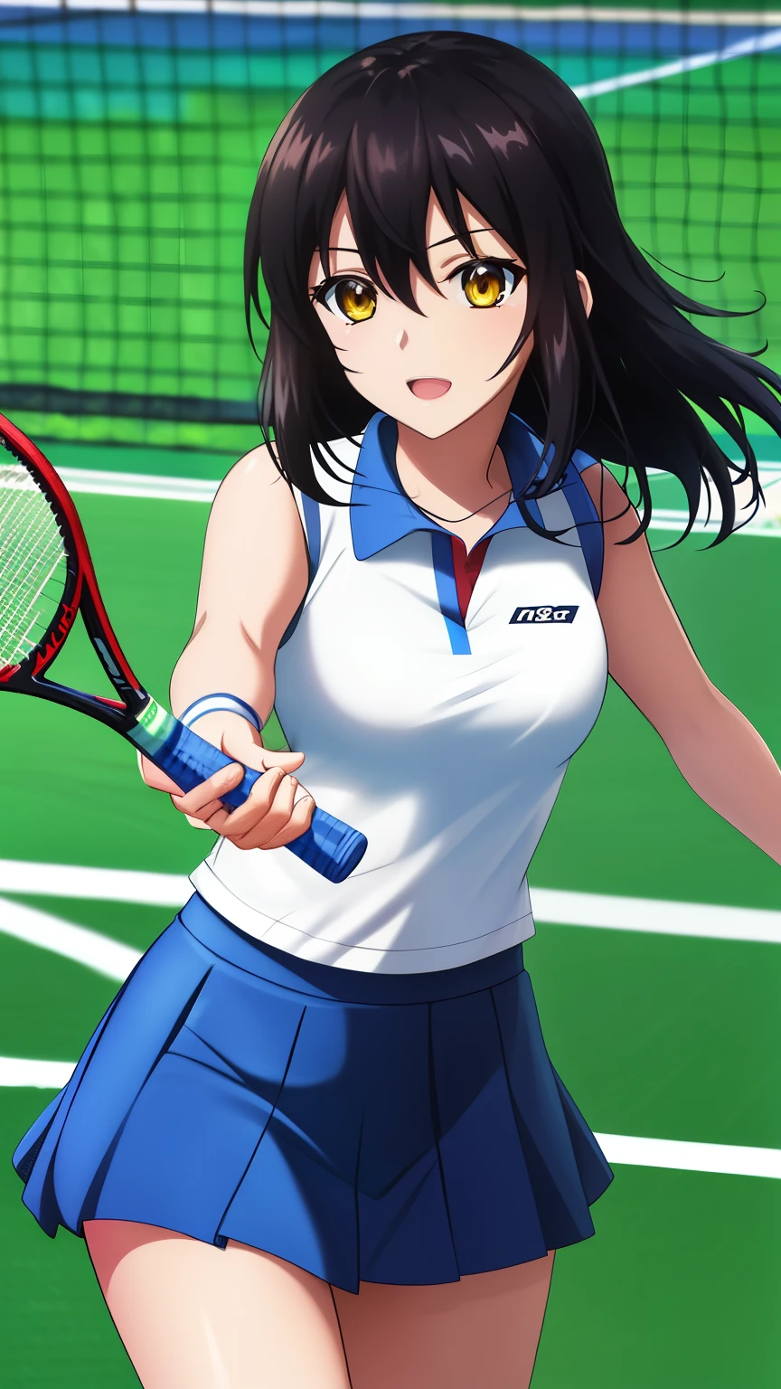 (highest quality, 8k, masterpiece: 1.2), animeアートスタイル, Very detailed, anime_Coloring, Hyper Detail, Yukina, One Girl, alone, Teen Style,length_hair, 前hair, black_hair, hair_between_eye, Moderate_chest, yellow_eye, Shiny, (Tennis Wear,Tennis Form,Tennis Play,Tennis court,昼between),Dynamic Angle, Center the image, Cowboy Shot