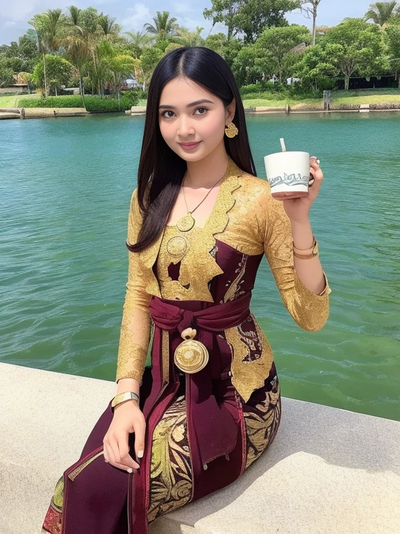(nsfw:1.2), Hyperrealism, 8k, textured skin, masterpiece, best quality, super detailed, beautiful, amazing detail, absurd, perfect anatomy, best anatomy, an Indonesian girl, 20 years old, epic skin, detailed skin, black hair flowing brown, beautiful face, perfect anatomy, wearing gold earrings, gold necklace, bracelet, wearing a green traditional Indonesian kebaya, wearing brown intricately patterned Indonesian tapih batik, (big heavy breasts), big breasts, sitting on the edge of the lake while holding coffee cup: 1.2, holding a cup of hot coffee, enjoying the coffee and the view, the view is very beautiful, some birds flying: 1.2, flowers by the lake: 1.2, lotus flowers in the water: 1.0, fish appearing in the water: 1.2, the atmosphere is very realistic: 1.5, side angle shot, tricky, wide shot, canon, fujifilm, realistic photo, best color, photography expert.