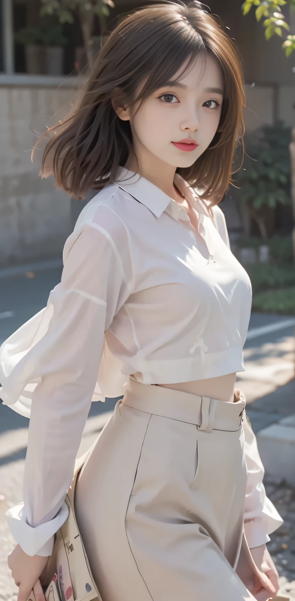 light brown hair、brown hair、hair between eyes、hair behind the ear、short hair、white shirt、uniform、front、negative space、Lens flare、Bokeh、 wide angle、超wide angle、f/1.8、75mm、realism、Depth of the bounds written、futuristic、UHD、retina、masterpiece、correct、anatomically correct、textured skin、super detail、high detail、high quality、 最high quality、High resolution、8K、cyber punk、Ultra-futuristic、Digital、、Blowing in the wind、fluttering skirt、POV、at hand