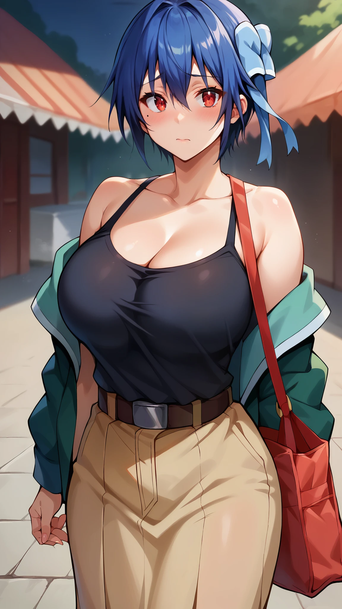 score_9, score_8_wonderful, score_7_wonderful, score_6_wonderful, sauce_anime, 1 girl, solo BREAK tsugumi seishirou, Mole under the eye, Blue Hair, short hair, Hair Ribbon,Green jacket,Black tank top,belt,Brown long skirt,(Big Breasts),In town,blush,Tote bag