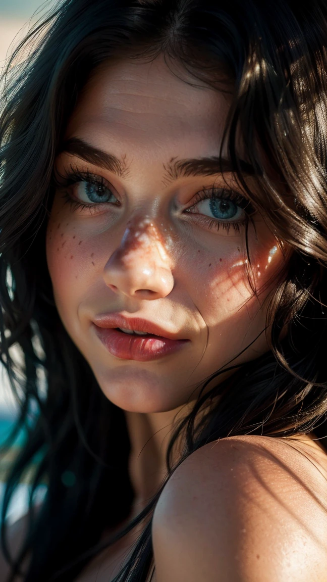 Ultra-realistic full-face photorealistic image of a 39-year-old woman with a beautiful face, with deep blue eyes that captivate anyone who meets them. Her black hair, adorned with lighter tones, falls gracefully over her shoulders, framing her face with elegance. Full lips paint a smile. His face is adorned with one or more spots, adding a touch of mystery and charm. Its appearance is playful and natural, giving it an aura of freshness. Her beauty is a harmonious blend of unique and captivating features, making her irresistibly attractive. - Involve the viewer in the whimsical charm of a look by purposely avoiding direct eye contact with the camera, focusing to the right. The model, adorned with bold makeup, has a captivating and slightly frowning expression, while bursting into laughter. With eyes half-closed and a playful pose, the moment becomes a mix of seductive mystery and genuine joy.